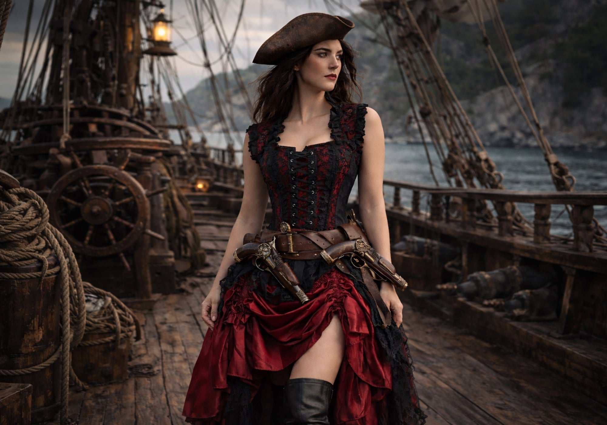 The Anastasia Corset Dress in Red Brocade as Pirate Attire