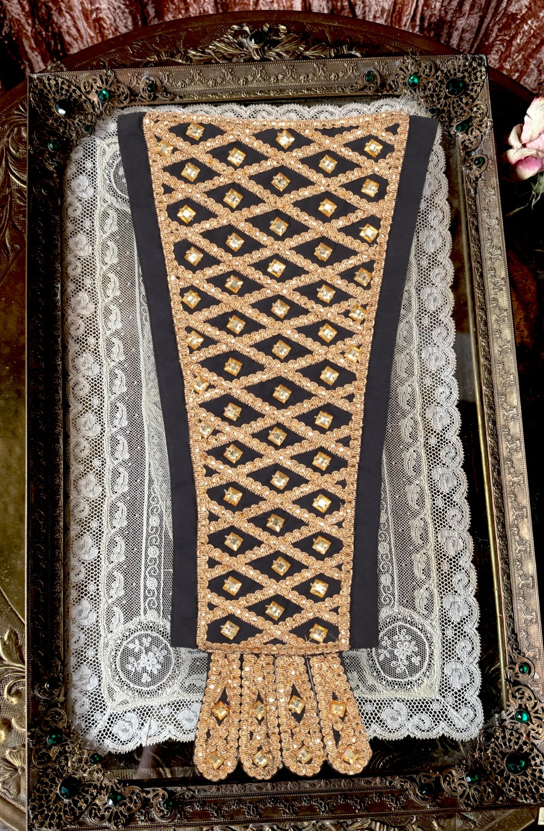 Corset Dress Stomacher - Black Tudor Jeweled Royal Gold