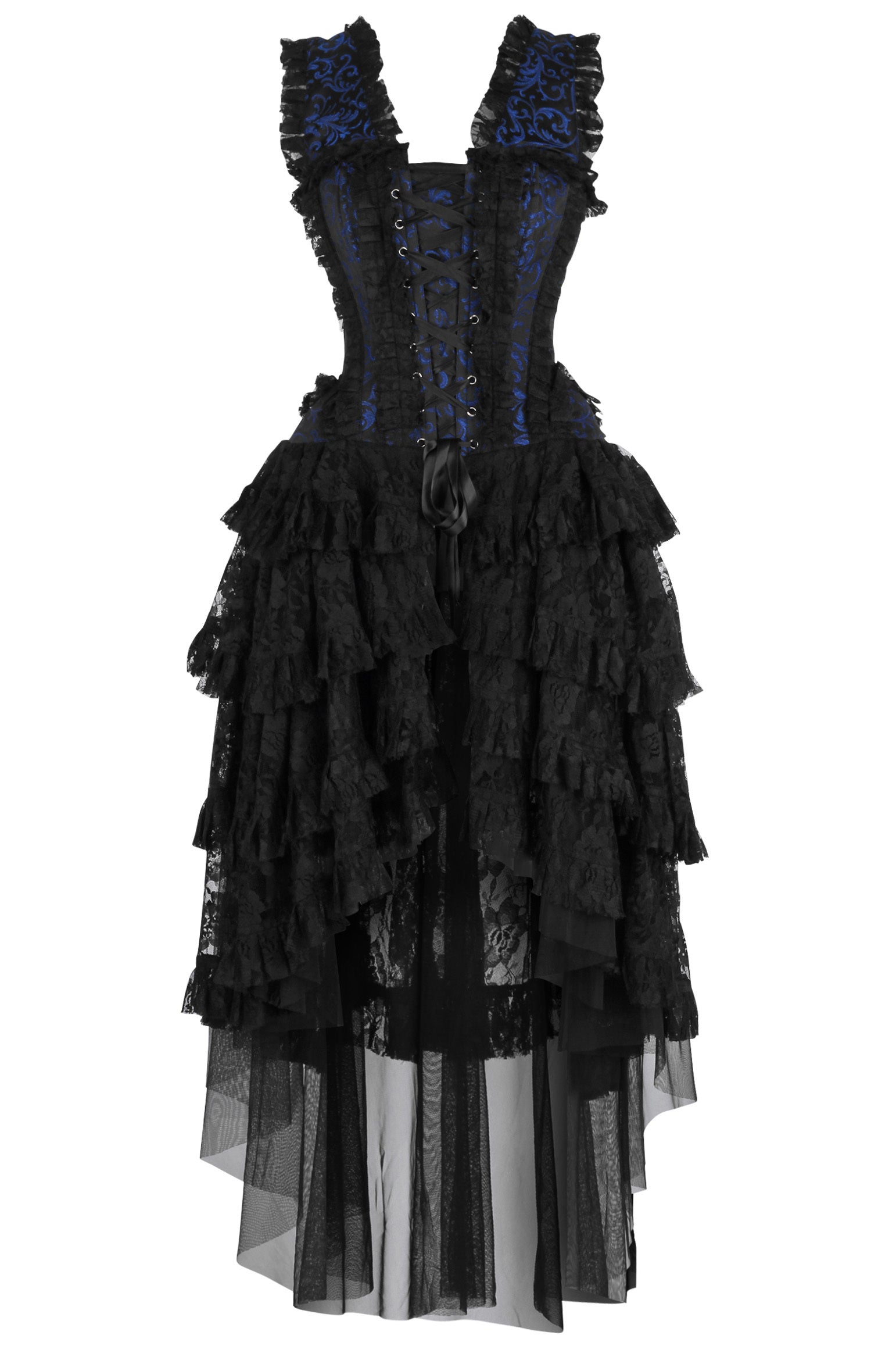 Anastasia Corset Dress in Blue Brocade Princess: (S/M) Corset Dress Size 20-24 / Black Floral Lace / Brocade