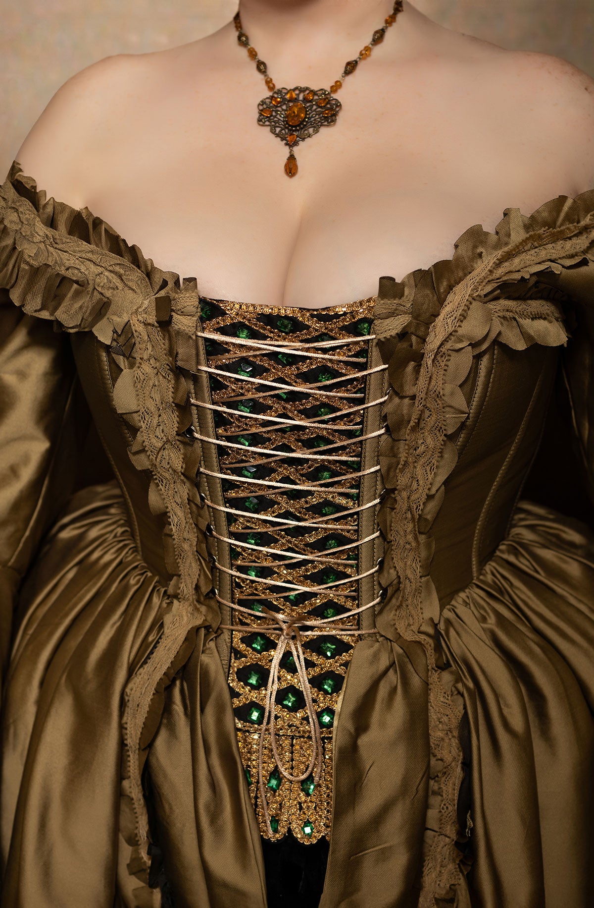 Corset Dress Stomacher - Black Tudor Jeweled Royal Emerald