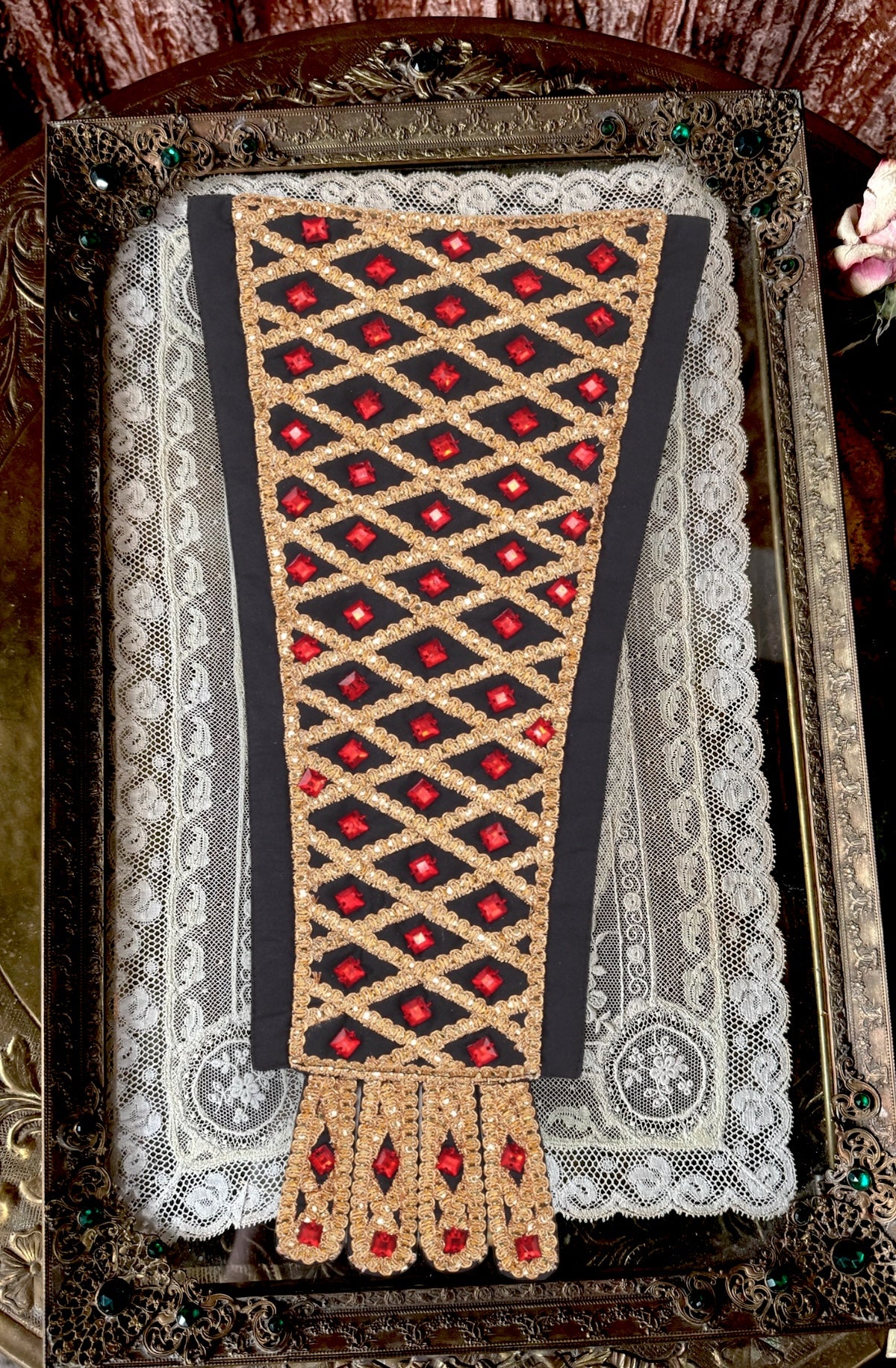 Corset Dress Stomacher - Black Tudor Jeweled Royal Ruby