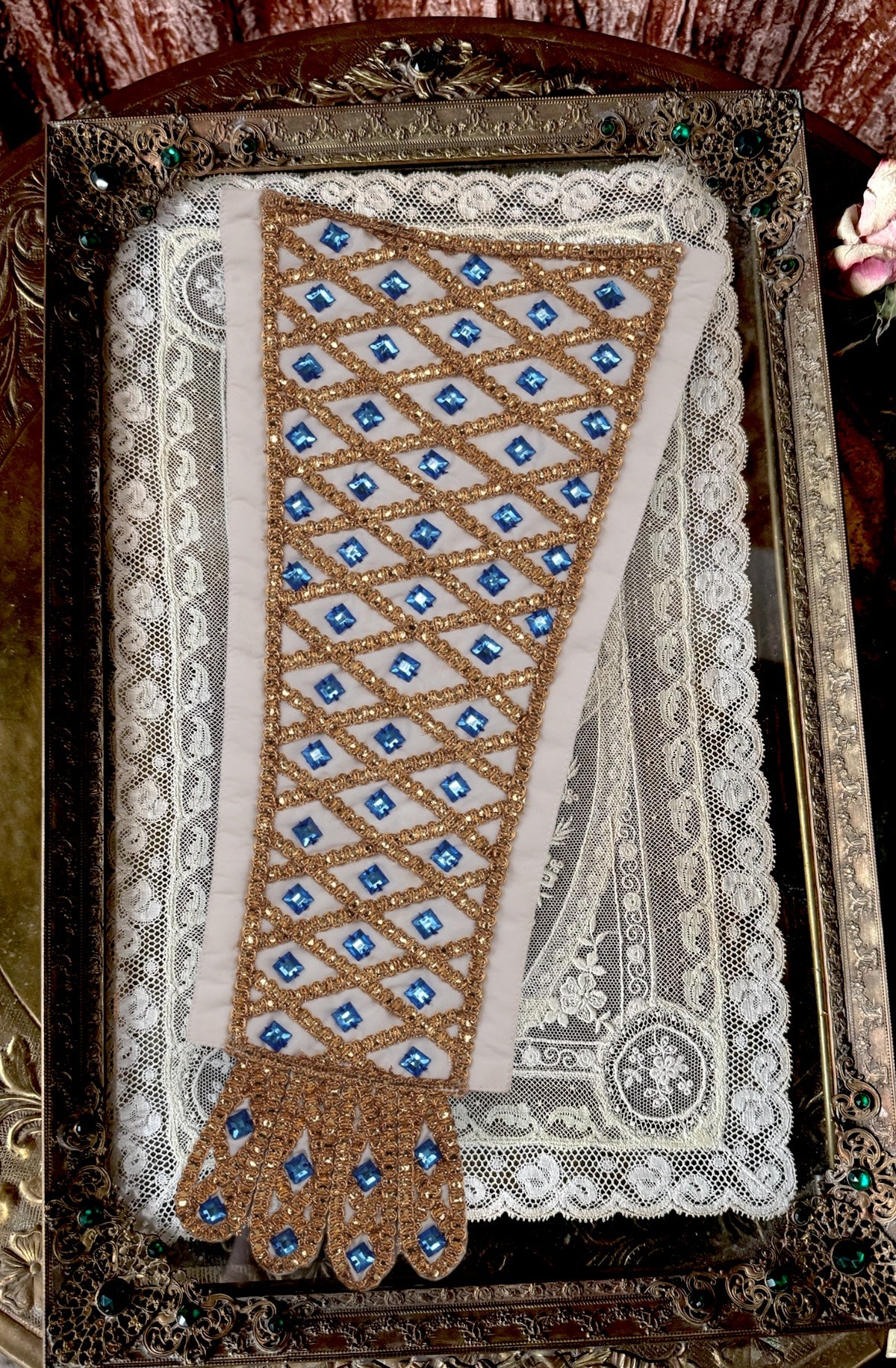 Corset Dress Stomacher - Cream Tudor Jeweled Royal Sapphire