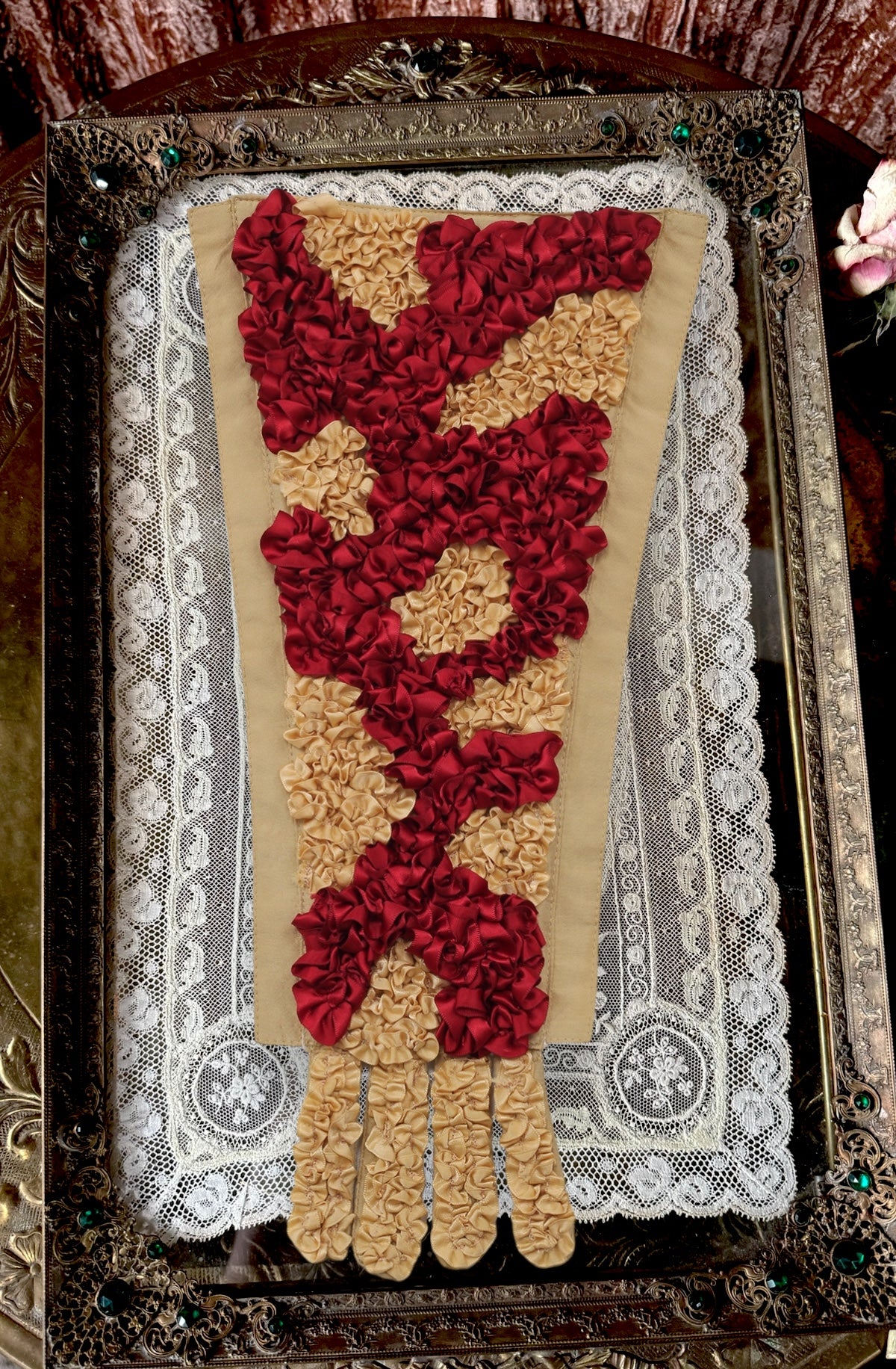 Corset Dress Stomacher - Ruffled Royal Ruby and Gold