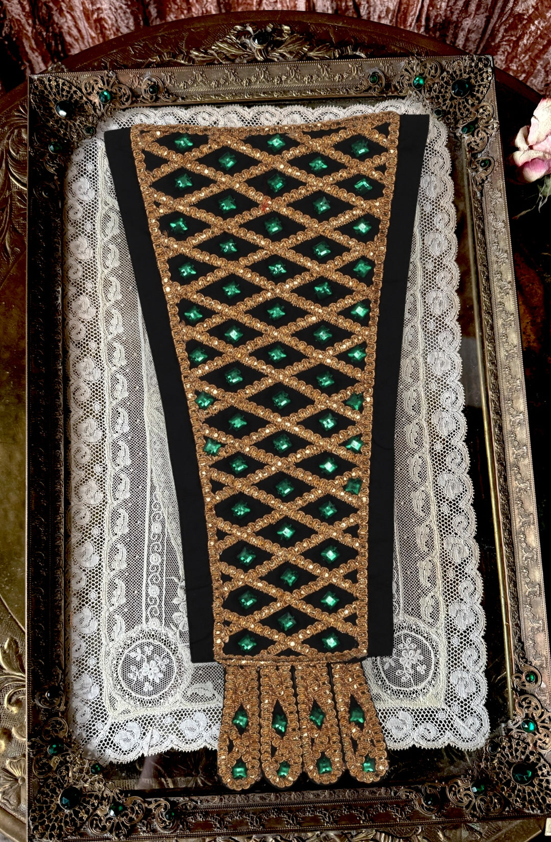 Corset Dress Stomacher - Black Tudor Jeweled Royal Emerald