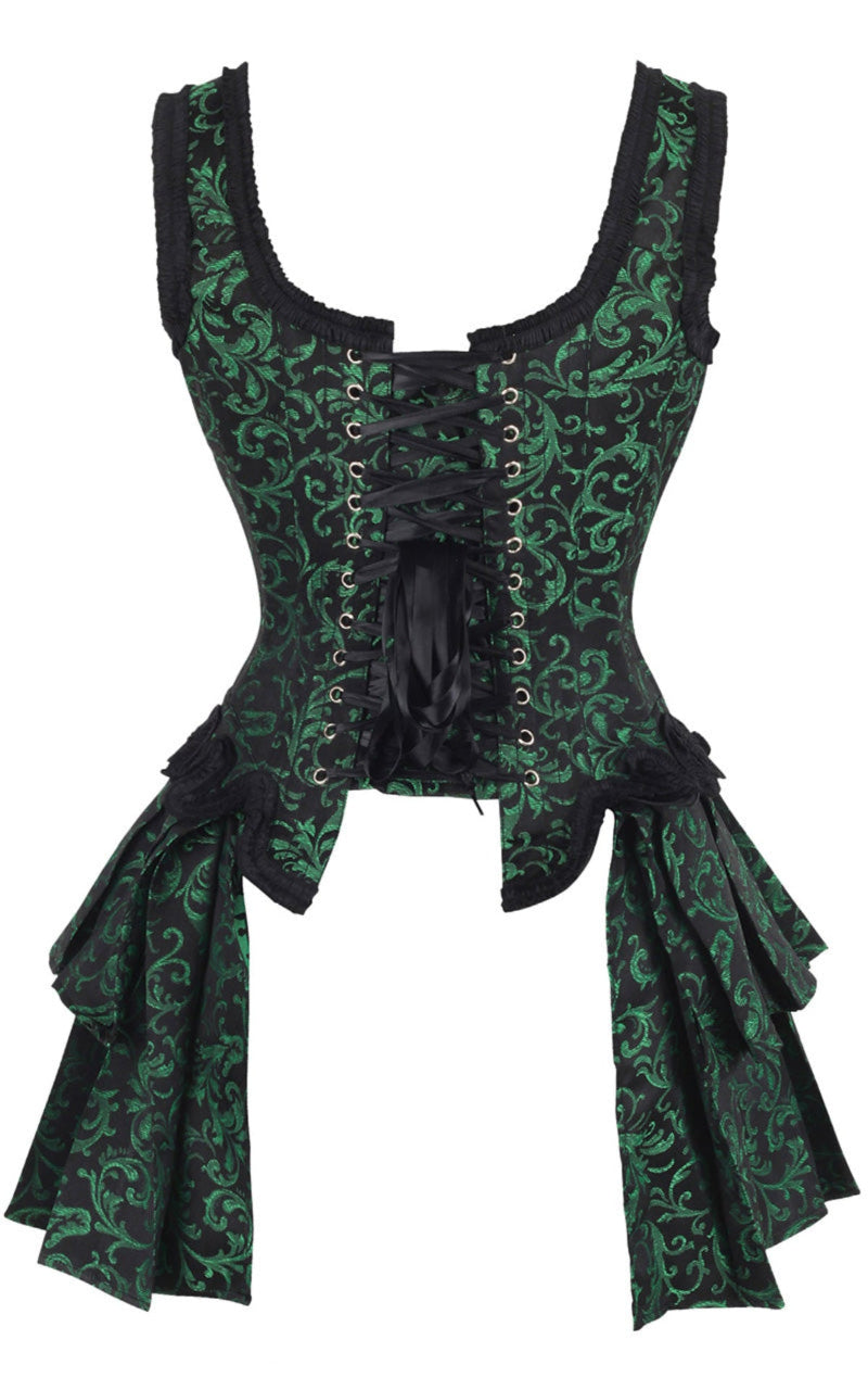Green and black patterned corset with ruffled details on a white background