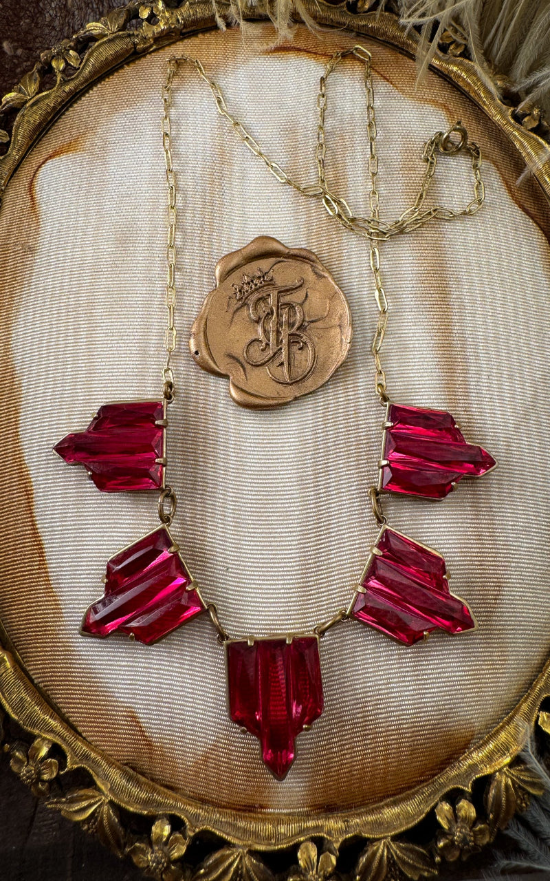 Vauxhall Art Deco Necklace in Ruby Pink Glass