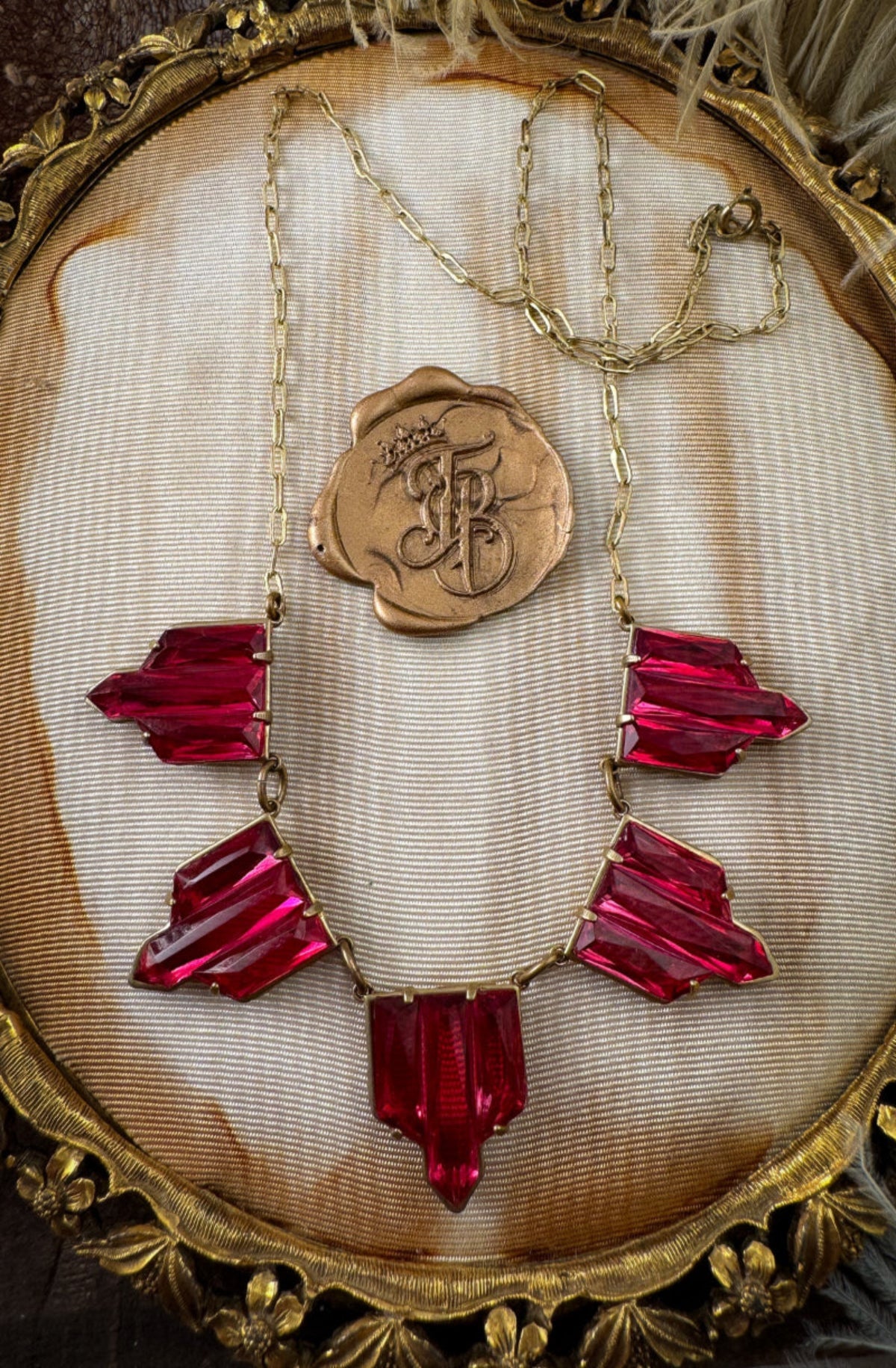 Vauxhall Art Deco Necklace in Ruby Pink Glass