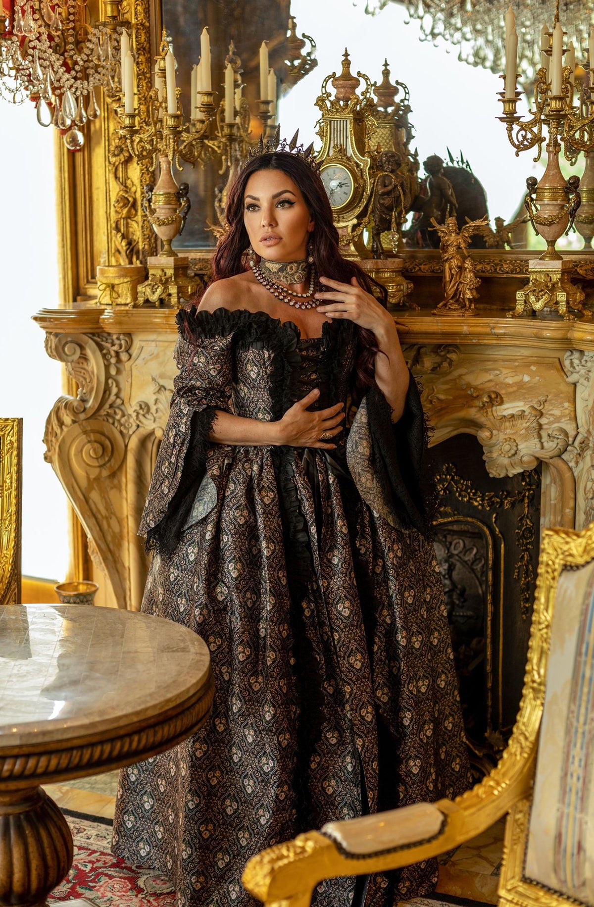 Black Petit Fleur Marie Antoinette Gown | Immortelle Bijouterie Duchess: (M/L) Corset Size 26-30 / Faux Silk Taffeta / Figure Eight Black Petit Fleur Marie Antoinette Gown | Immortelle Bijouterie Duchess: (M/L) Corset Size 26-30 / Faux Silk Taffeta / Figure Eight