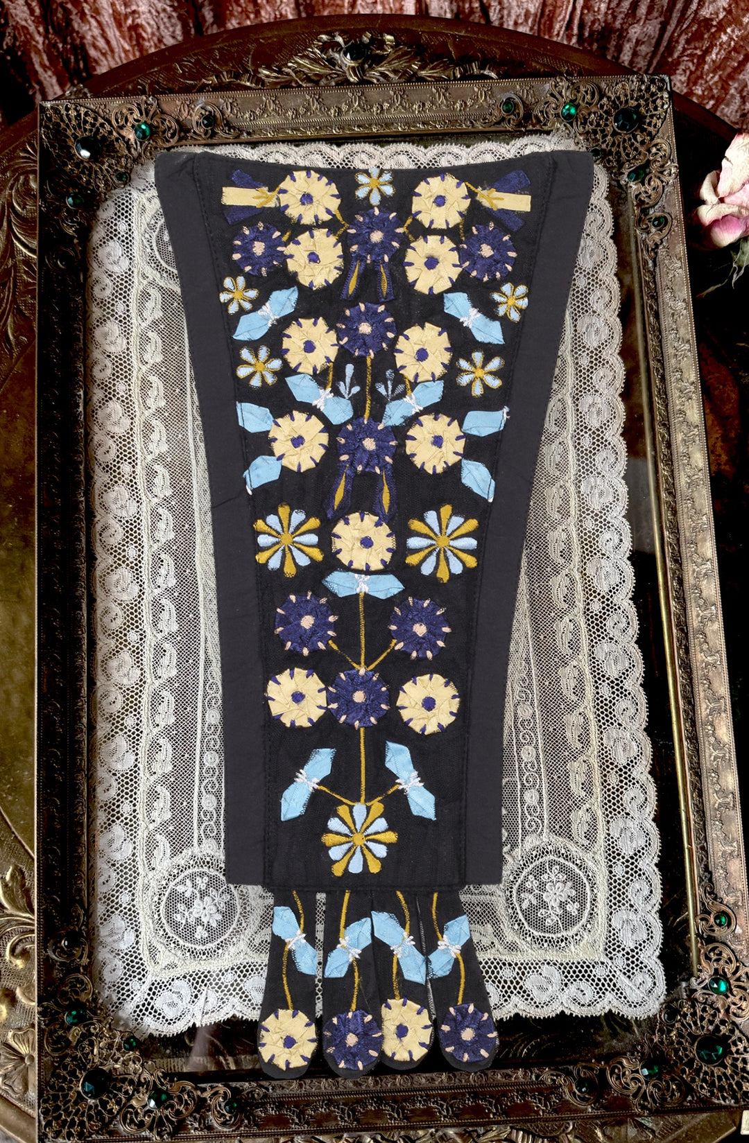 Corset Dress Stomacher - Black Le Jardin Appliqué in Sapphire