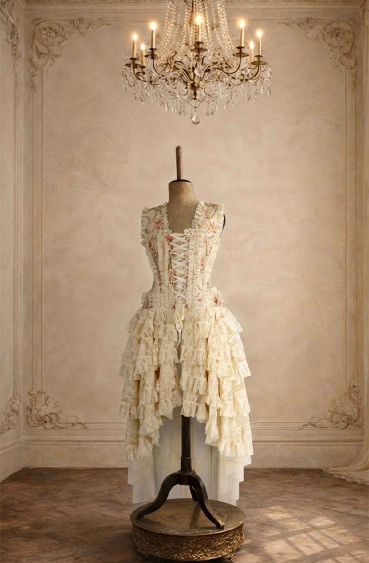 Delicate corset dress on a mannequin in an ornate room with a chandelier.