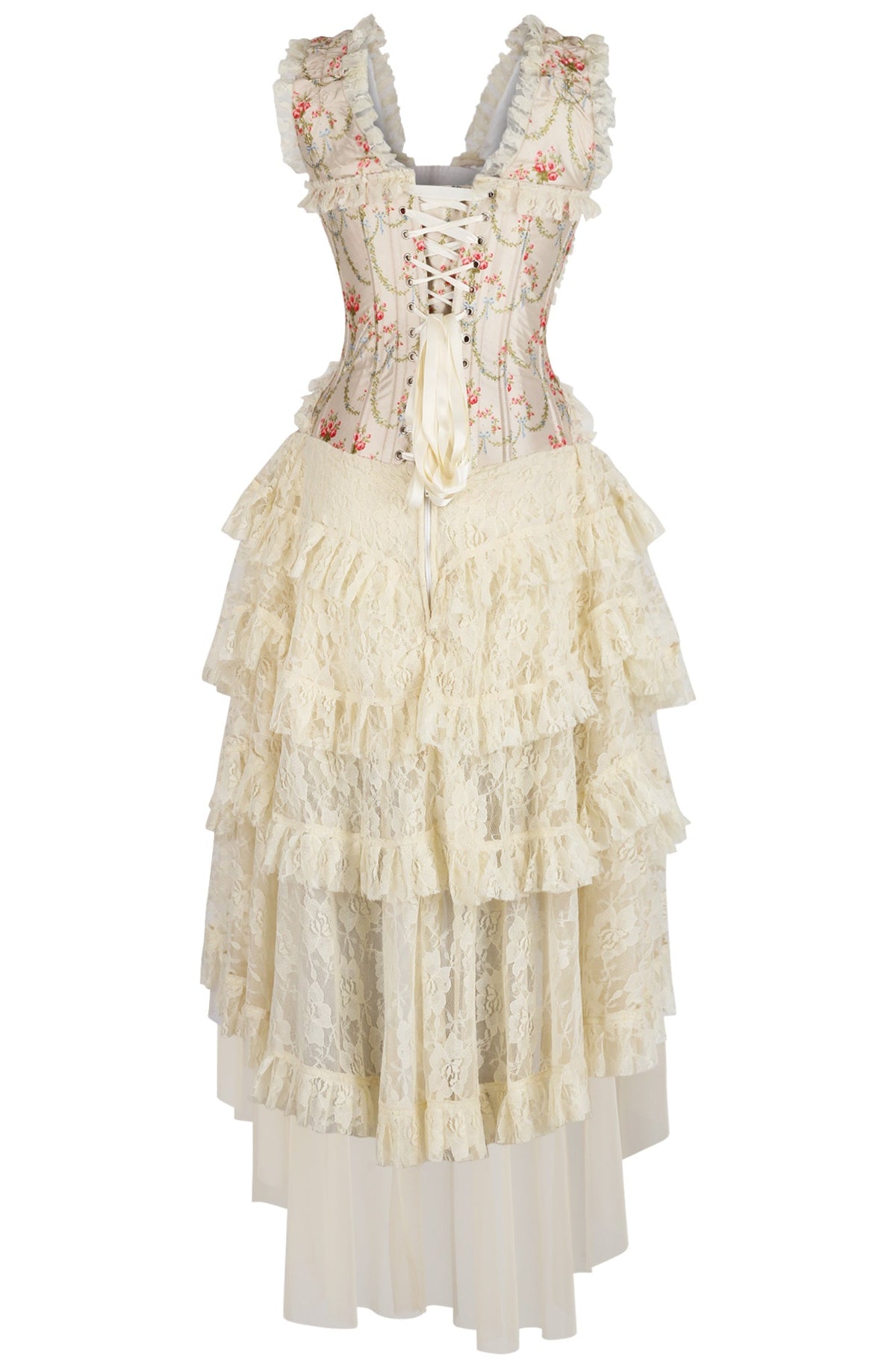 A sleeveless, white corset dress with a full corseted bodice and a high-low skirt of waterfall lace, featuring floral embellishments and lace cascades.