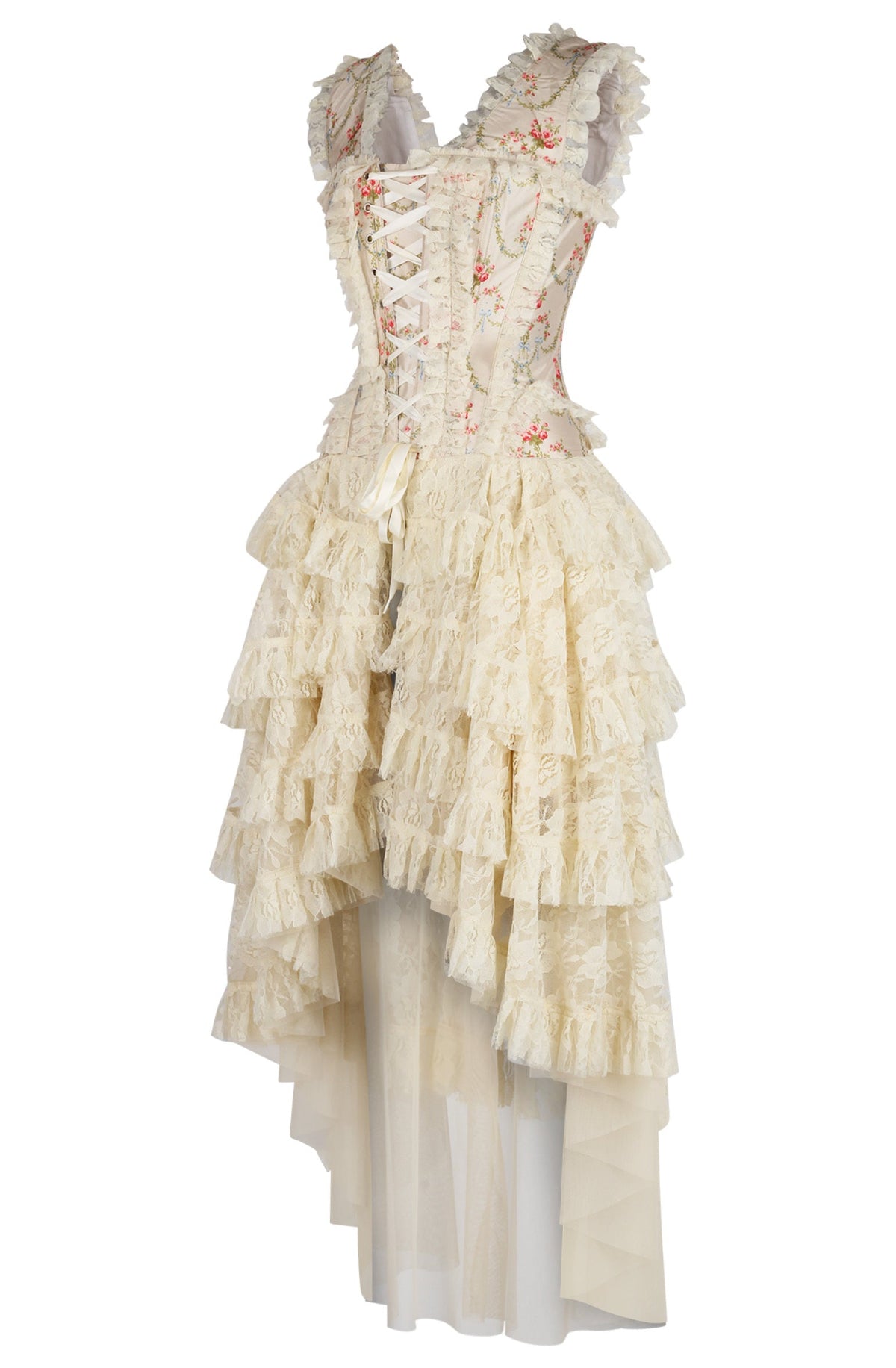 A sleeveless, white corset dress with a full corseted bodice and a high-low skirt of waterfall lace, featuring floral embellishments and lace cascades.