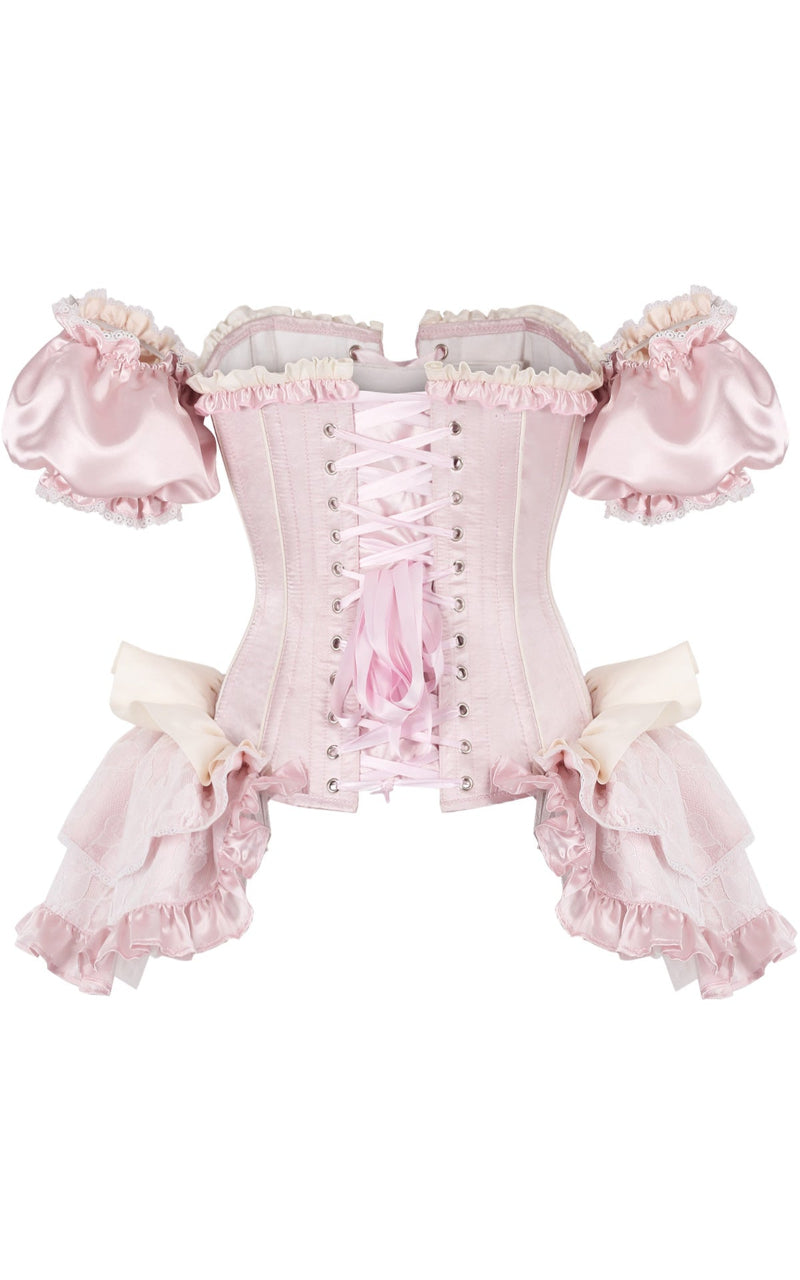 Renaissance corset with open front lacing in blush glass satin by Immortelle Bijouterie