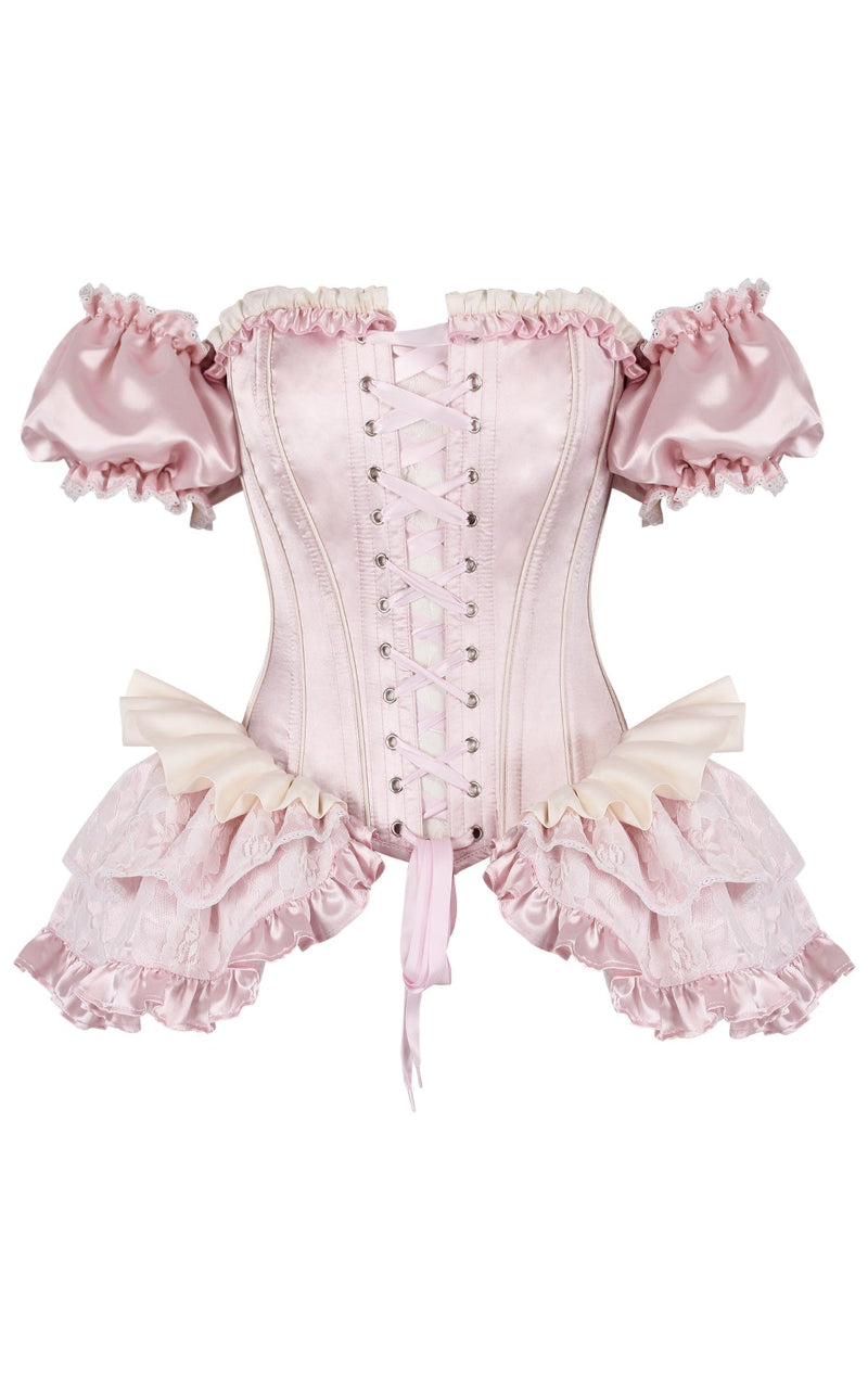 Renaissance corset with open front lacing in blush glass satin by Immortelle Bijouterie