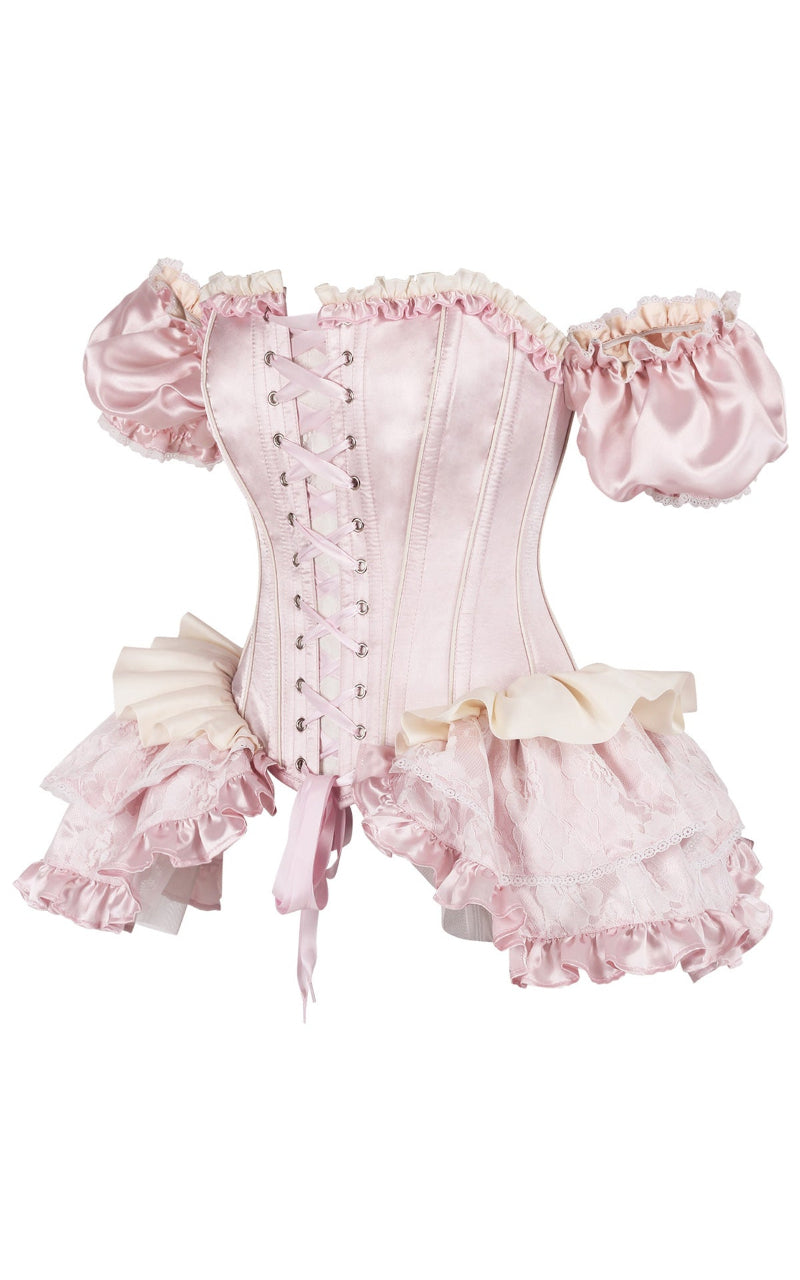 Renaissance corset with open front lacing in blush glass satin by Immortelle Bijouterie