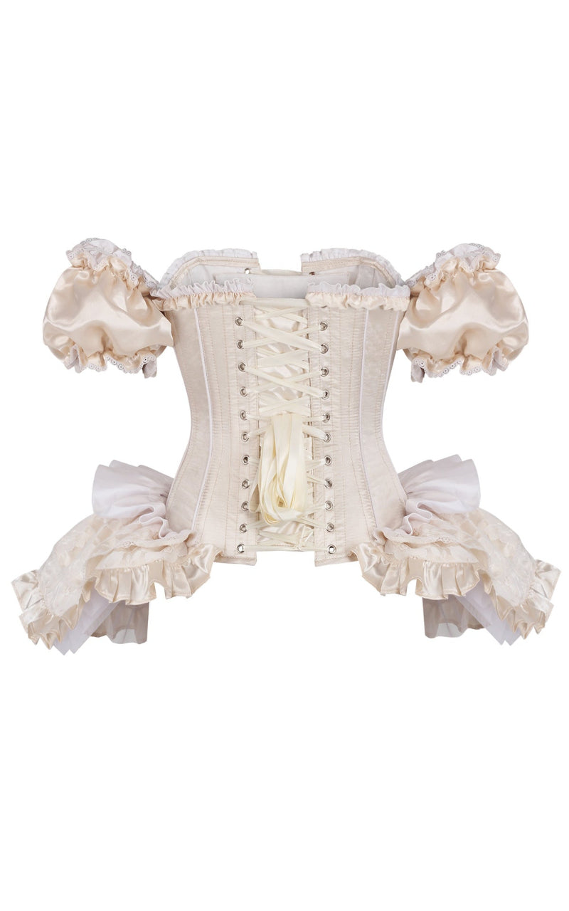 Renaissance corset with open front lacing in cream glass satin by Immortelle Bijouterie