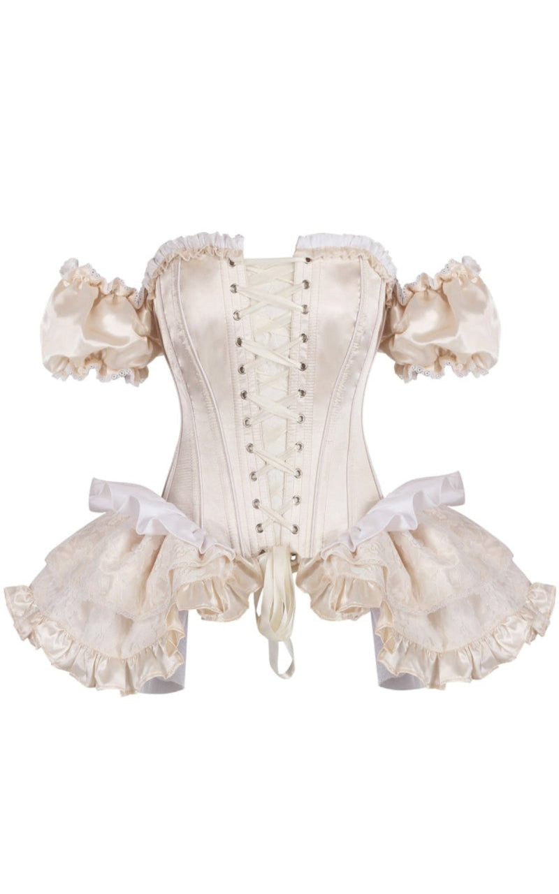 Renaissance corset with open front lacing in cream glass satin by Immortelle Bijouterie