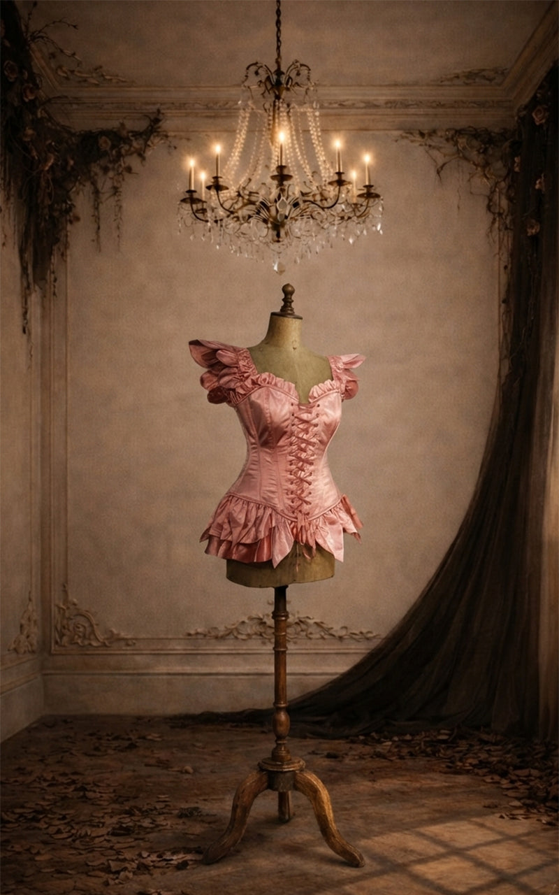 Pink fairy corset on a mannequin under a chandelier in an ornate room.