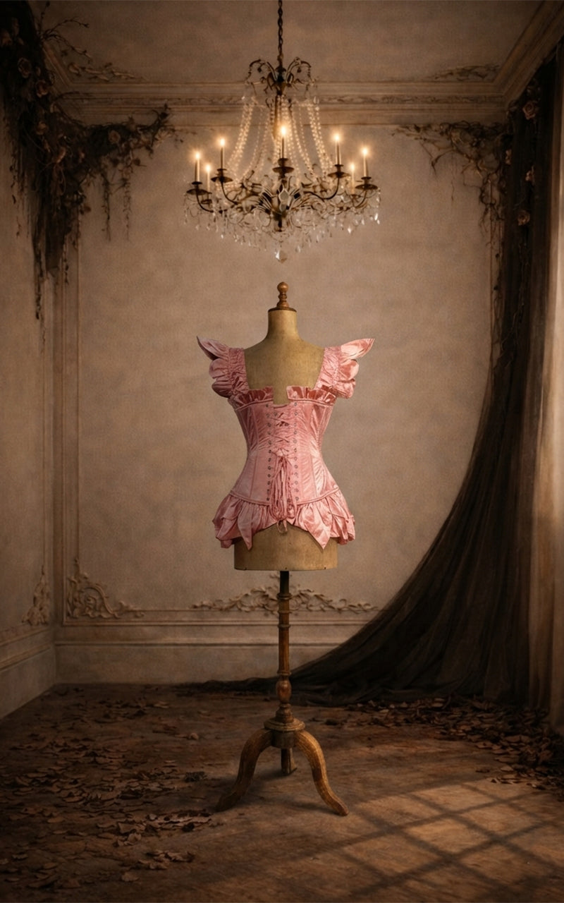 Pink fairy corset on a mannequin in an ornate room with a chandelier.