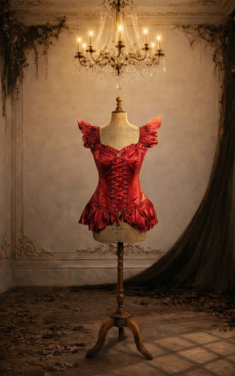 Red fairy corset on a mannequin against a vintage wall with a chandelier - madame mortelle