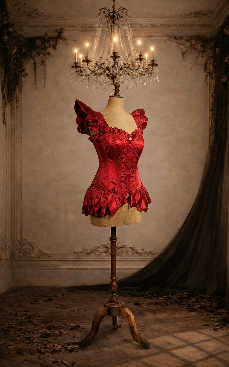 Red fairy corset on a mannequin against a vintage wall with a chandelier - madame mortelle