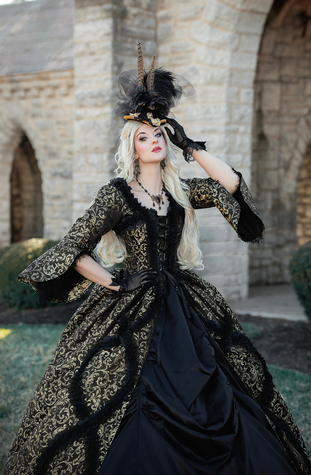 Immortelle Brocade Corset Gown Dress in Black and Gold