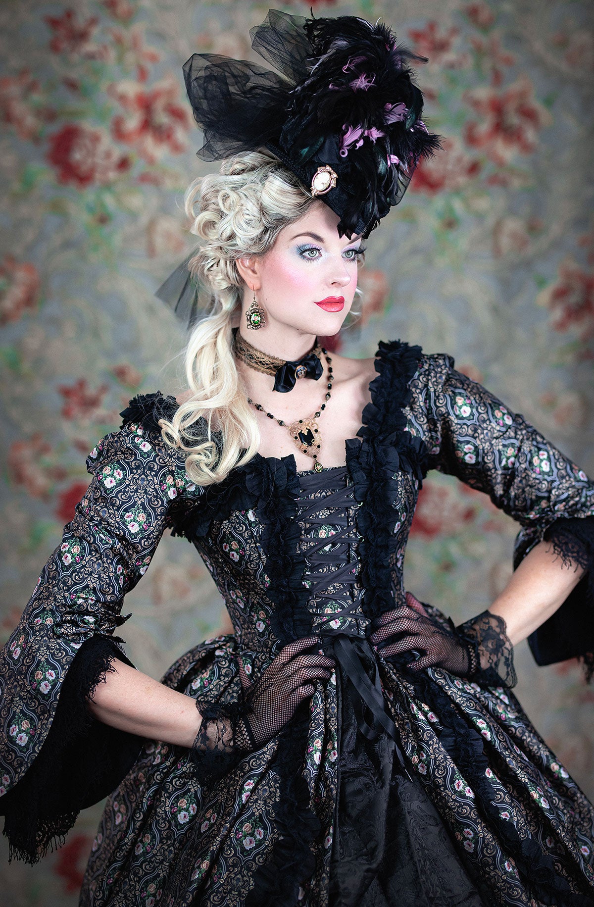 Immortelle Gown — Marie Antoinette–Inspired 18th Century Corset Gown in Black Petit Fleur