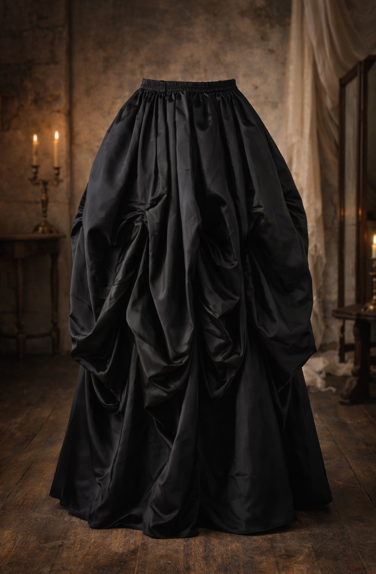 Black Victorian-style skirt displayed against a rustic background