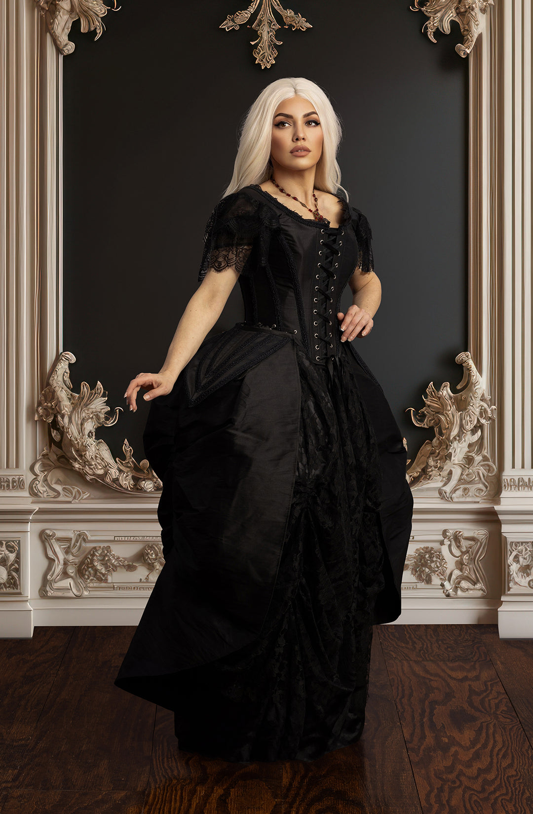 Black Corset Dress in Midnight Dupioni Silk 3