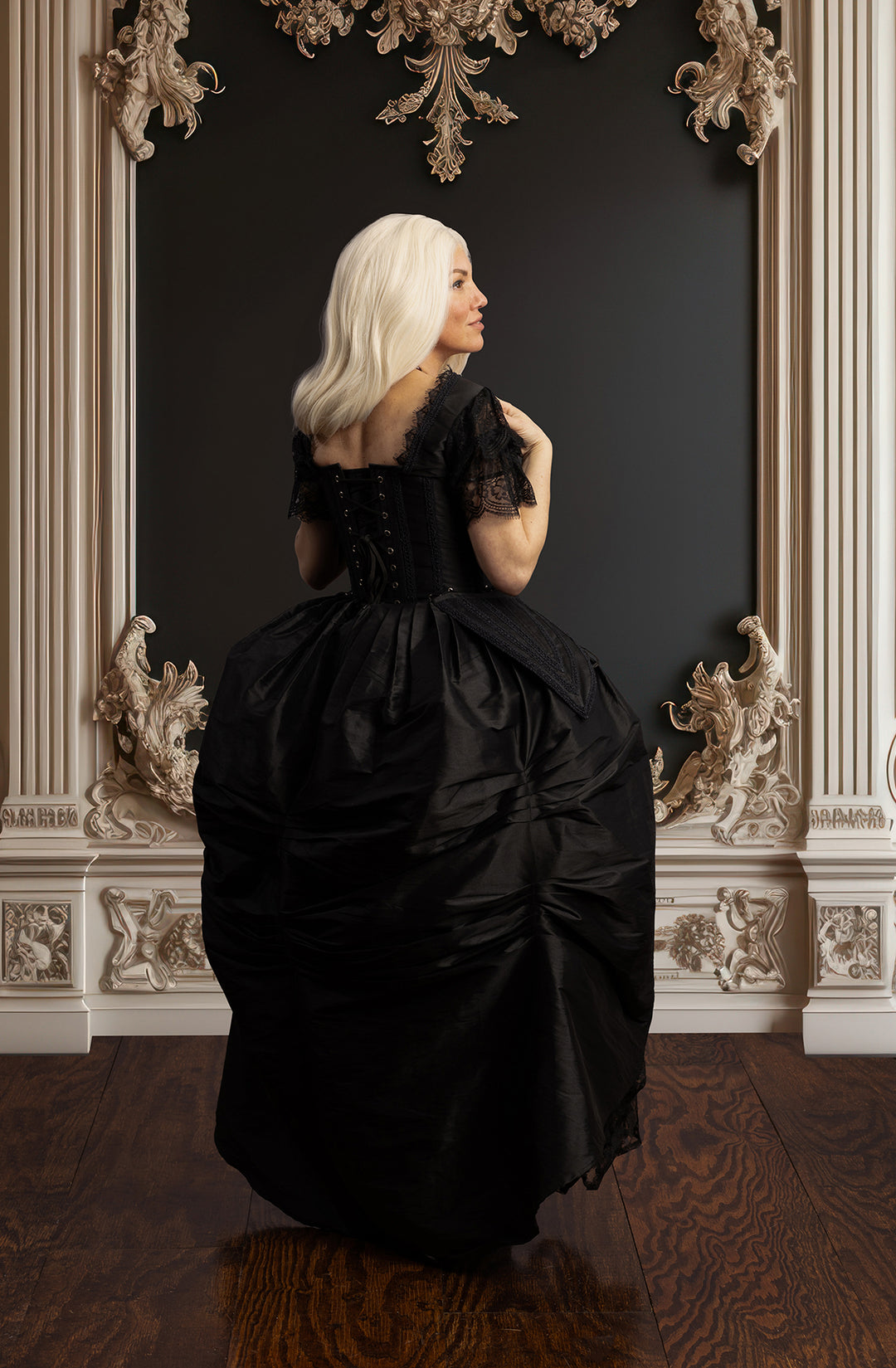 Black Corset Dress in Midnight Dupioni Silk 4