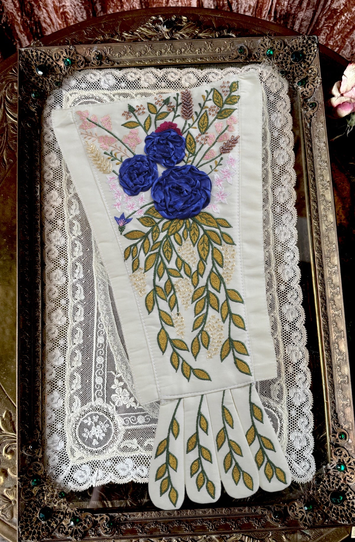 Corset Dress Stomacher - Sapphire Ribbon Rose