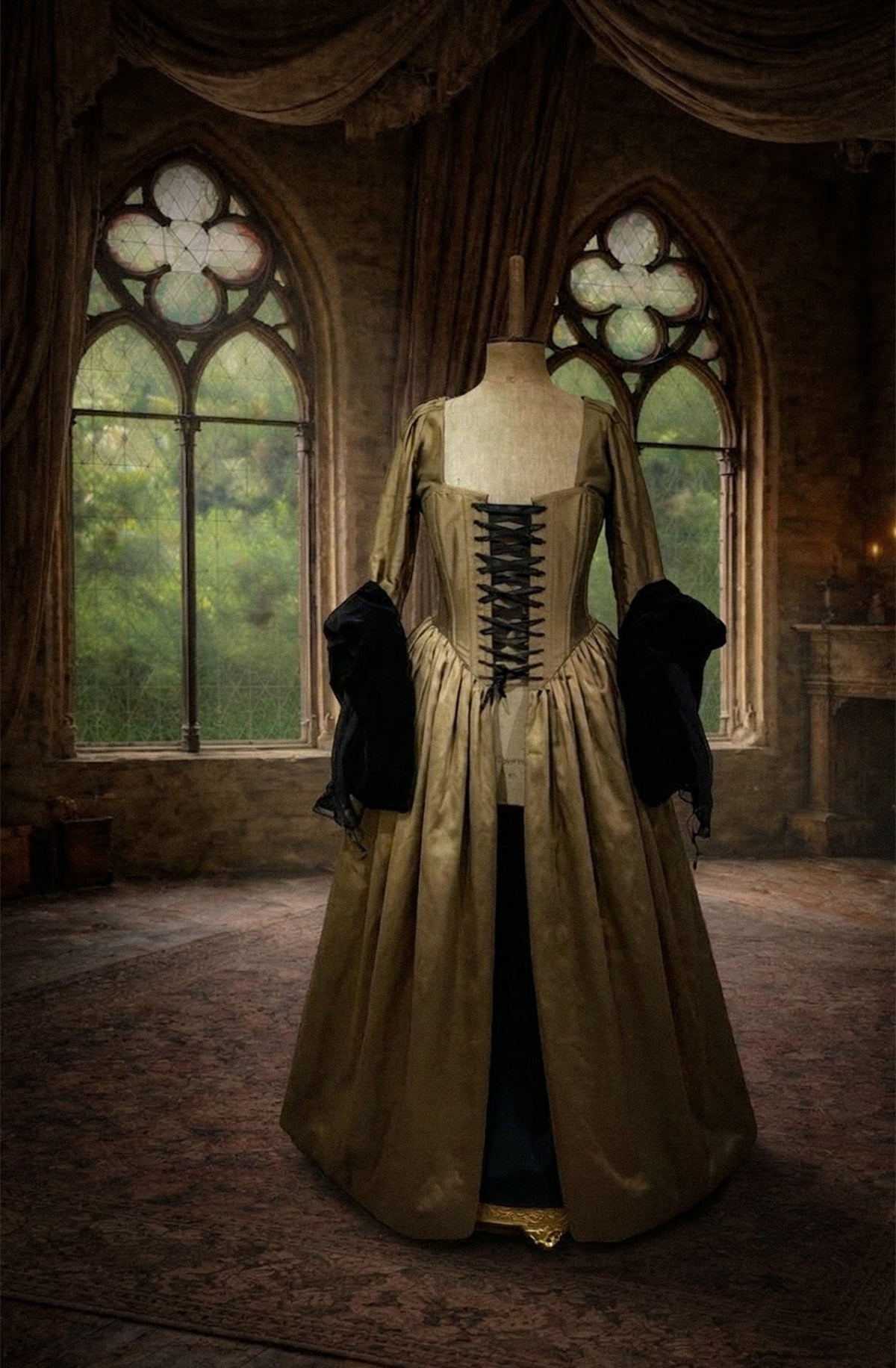 tudor-style dress on a mannequin in a dimly lit room with large windows.