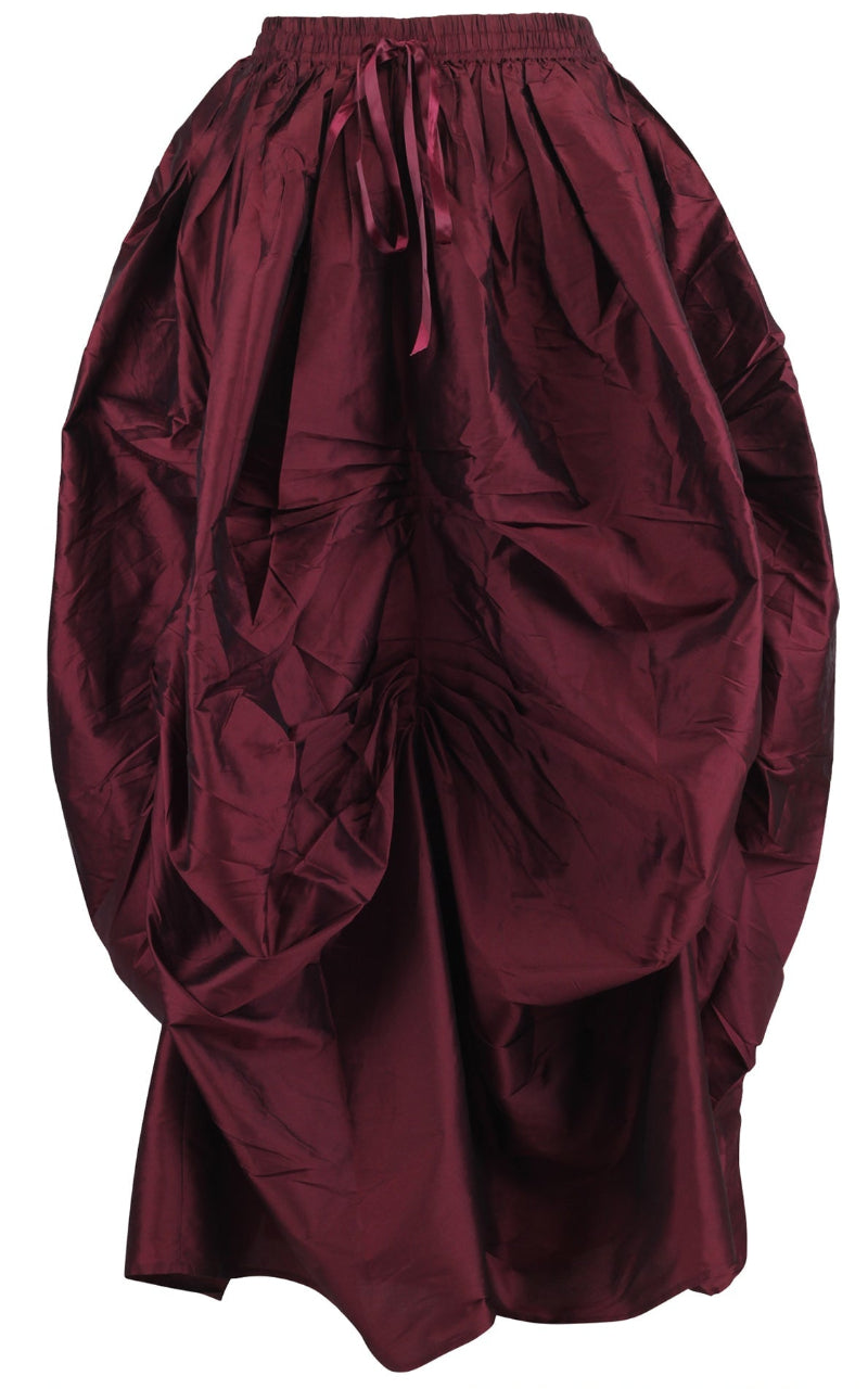 A burgundy and black shimmering ball gown skirt with pleated gathers and an elastic waistband.