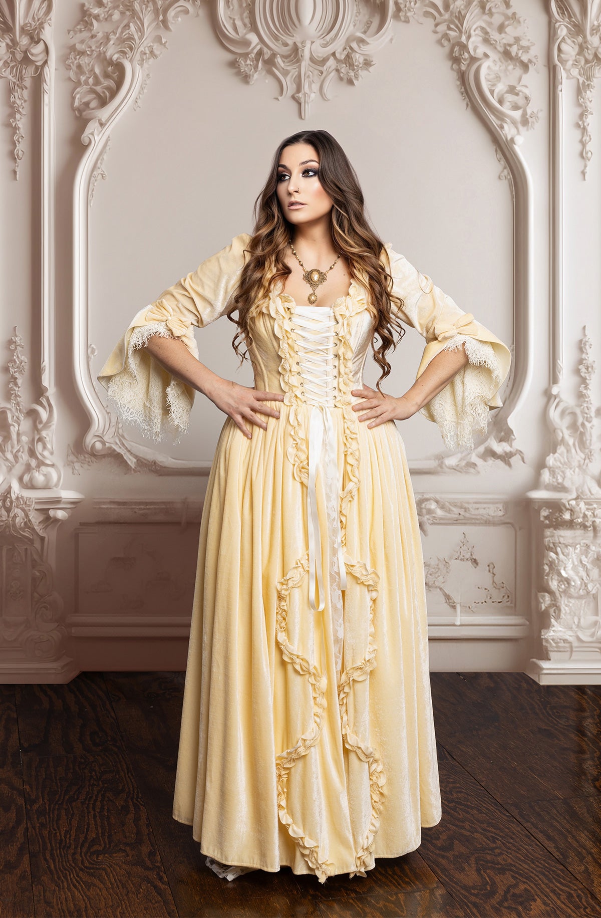 Immortelle Gown — Marie Antoinette–Inspired 18th Century Corset Gown in Buttercream Velvet