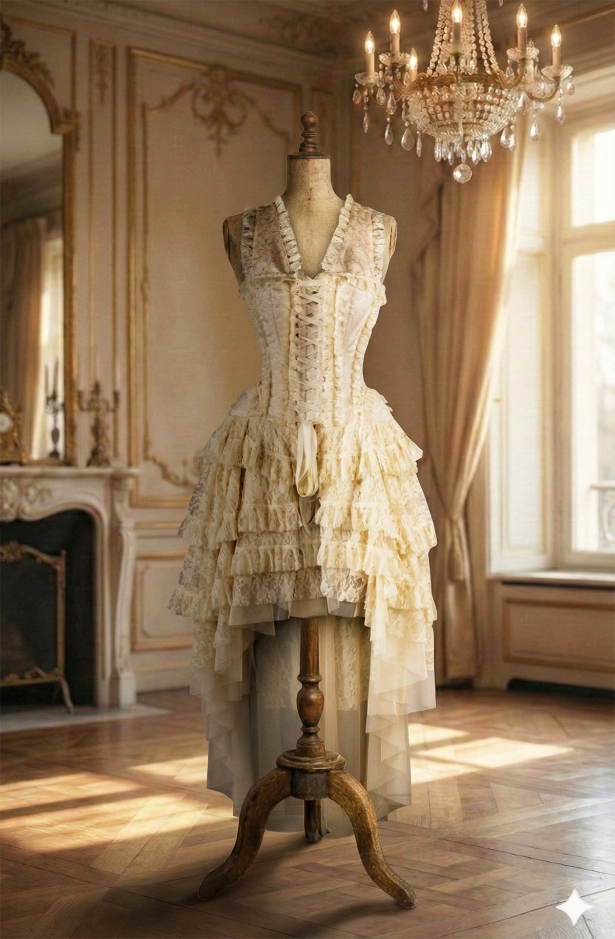 Delicate corset lace dress on a mannequin in an elegant room with chandelier and fireplace.