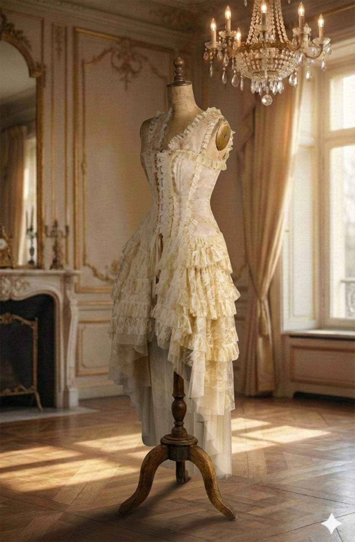 Delicate corset lace dress on a mannequin in an elegant room with chandelier and fireplace.