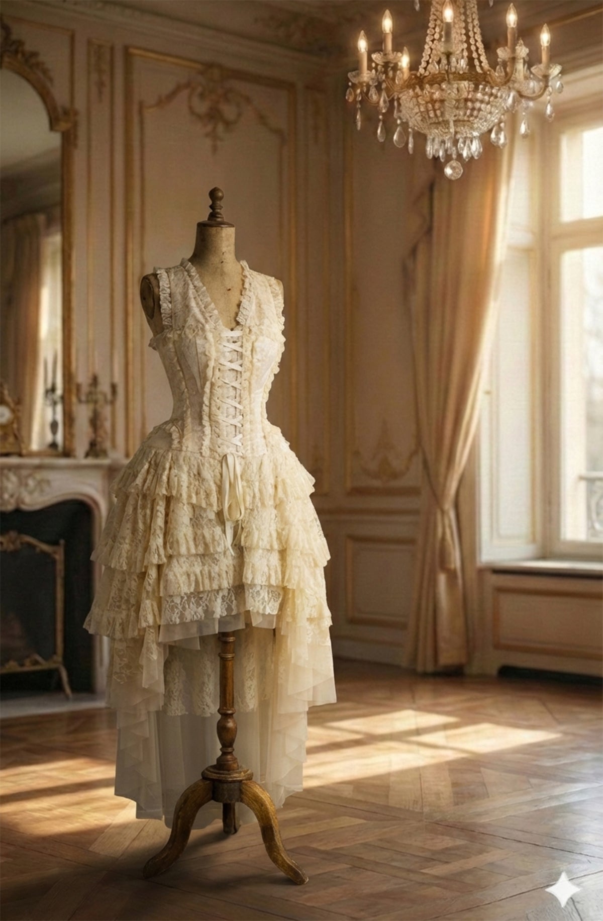 Delicate corset lace dress on a mannequin in an elegant room with chandelier and fireplace.