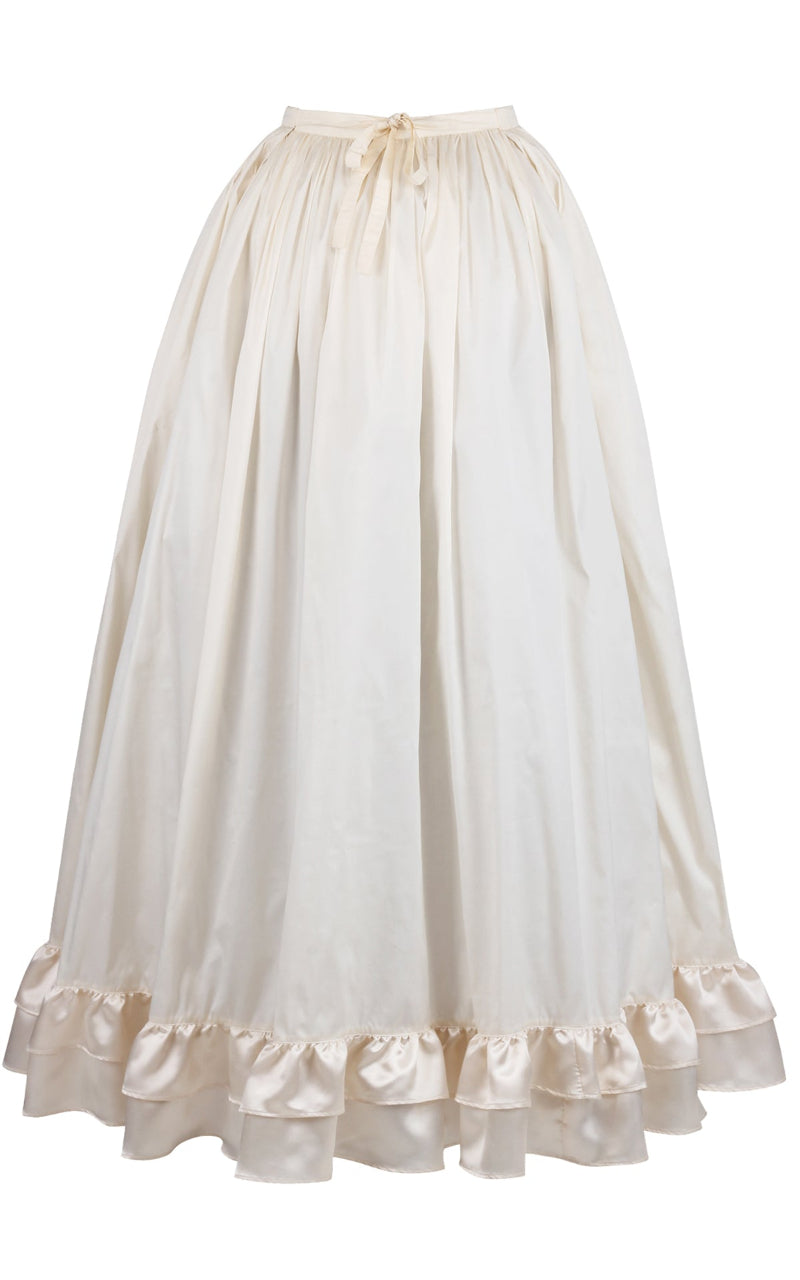 A cream crinoline petticoat skirt with a bridal satin ruffle at the bottom, designed with multiple layers and laces at the waist for adjustment.