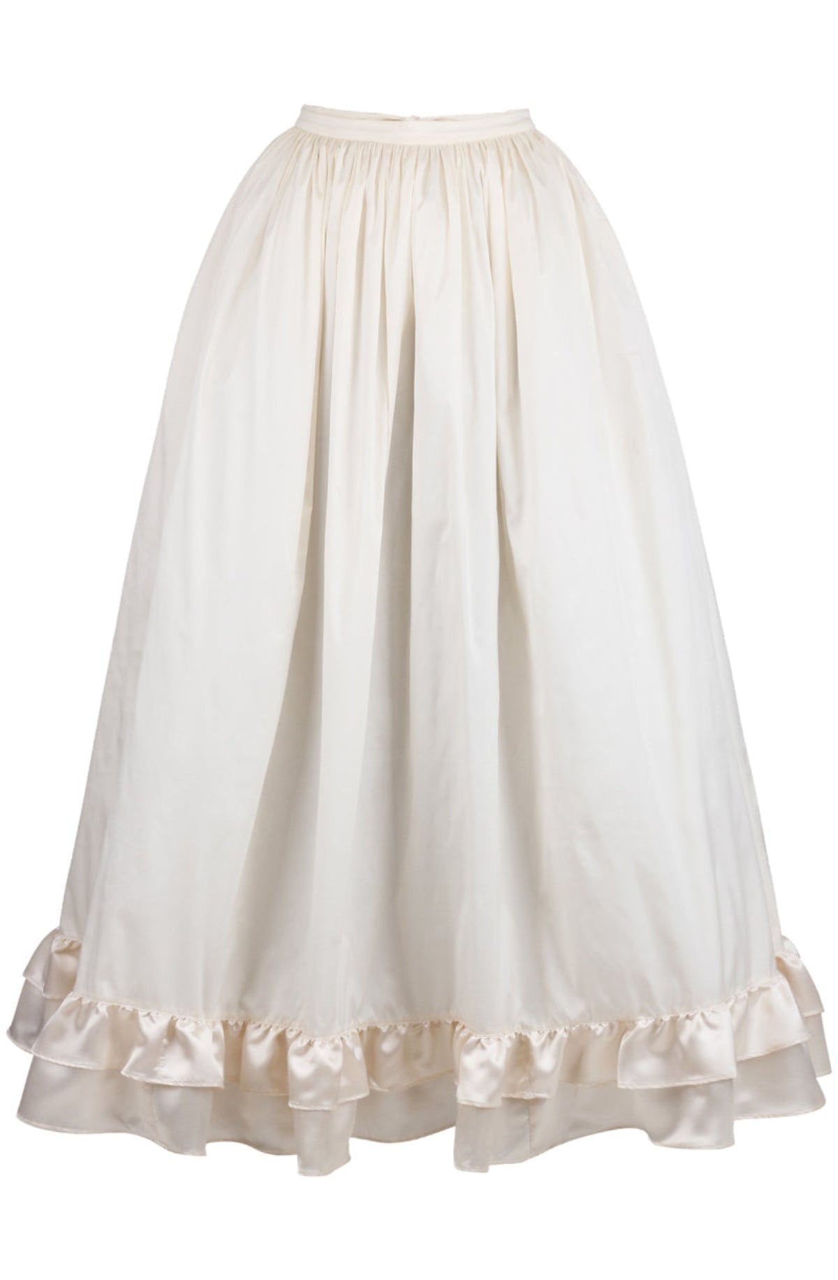 A cream crinoline petticoat skirt with a bridal satin ruffle at the bottom, designed with multiple layers and laces at the waist for adjustment.