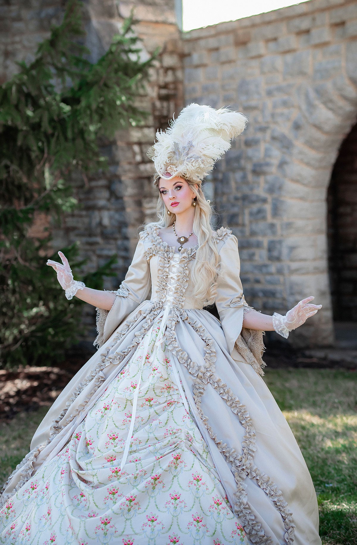 Immortelle Gown — Marie Antoinette–Inspired 18th Century Corset Gown in Champagne Satin - Immortelle Bijouterie