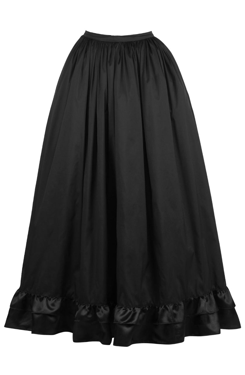 A black crinoline petticoat skirt with a bridal satin ruffle at the bottom, designed with multiple layers and laces at the waist for adjustment.