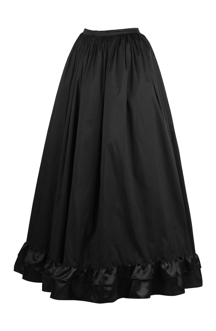 A black crinoline petticoat skirt with a bridal satin ruffle at the bottom, designed with multiple layers and laces at the waist for adjustment.