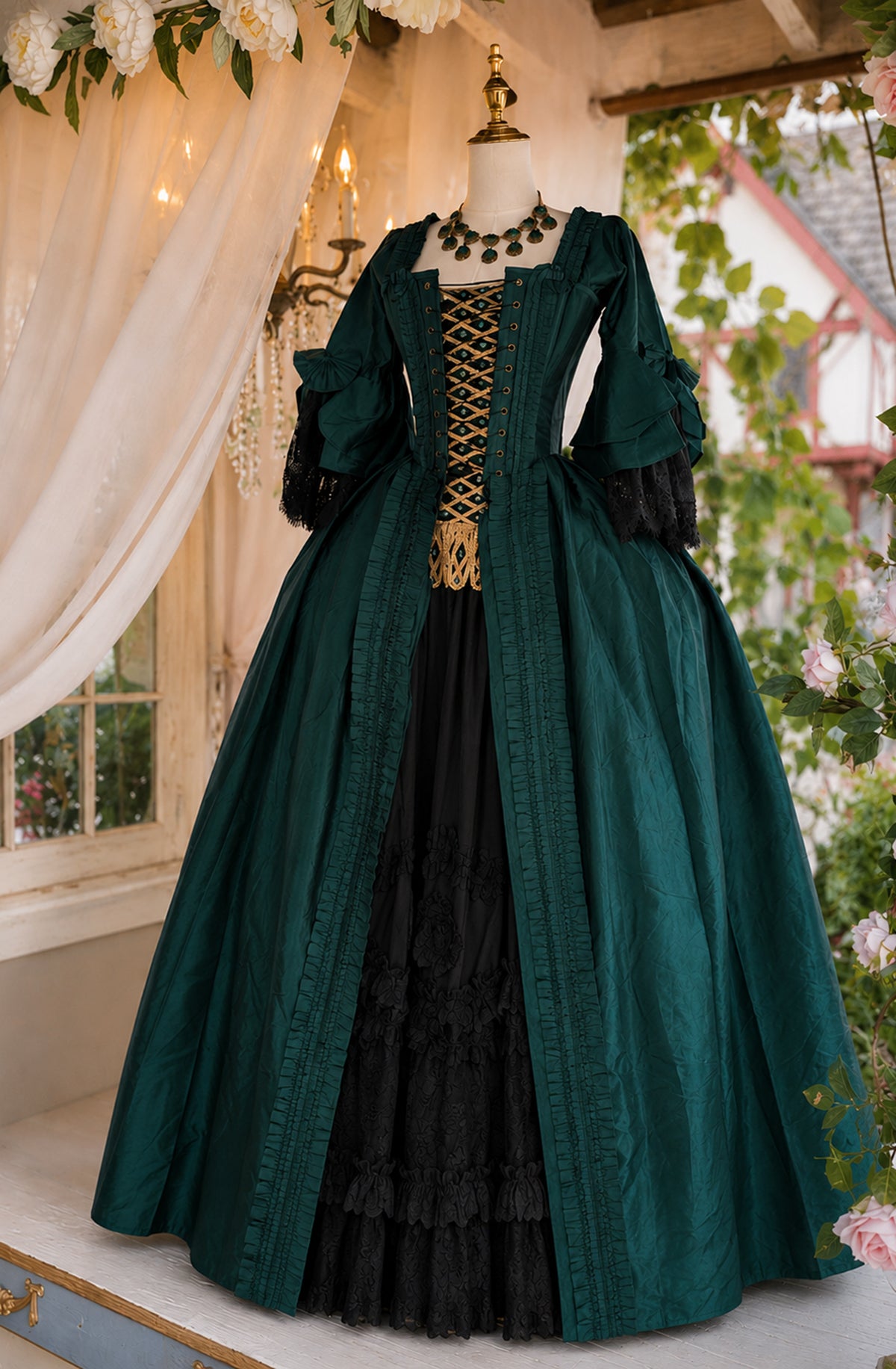 Pompadour Gown — Marie Antoinette–Inspired 18th Century Corset Gown in Jeweled Emerald - Immortelle Bijouterie