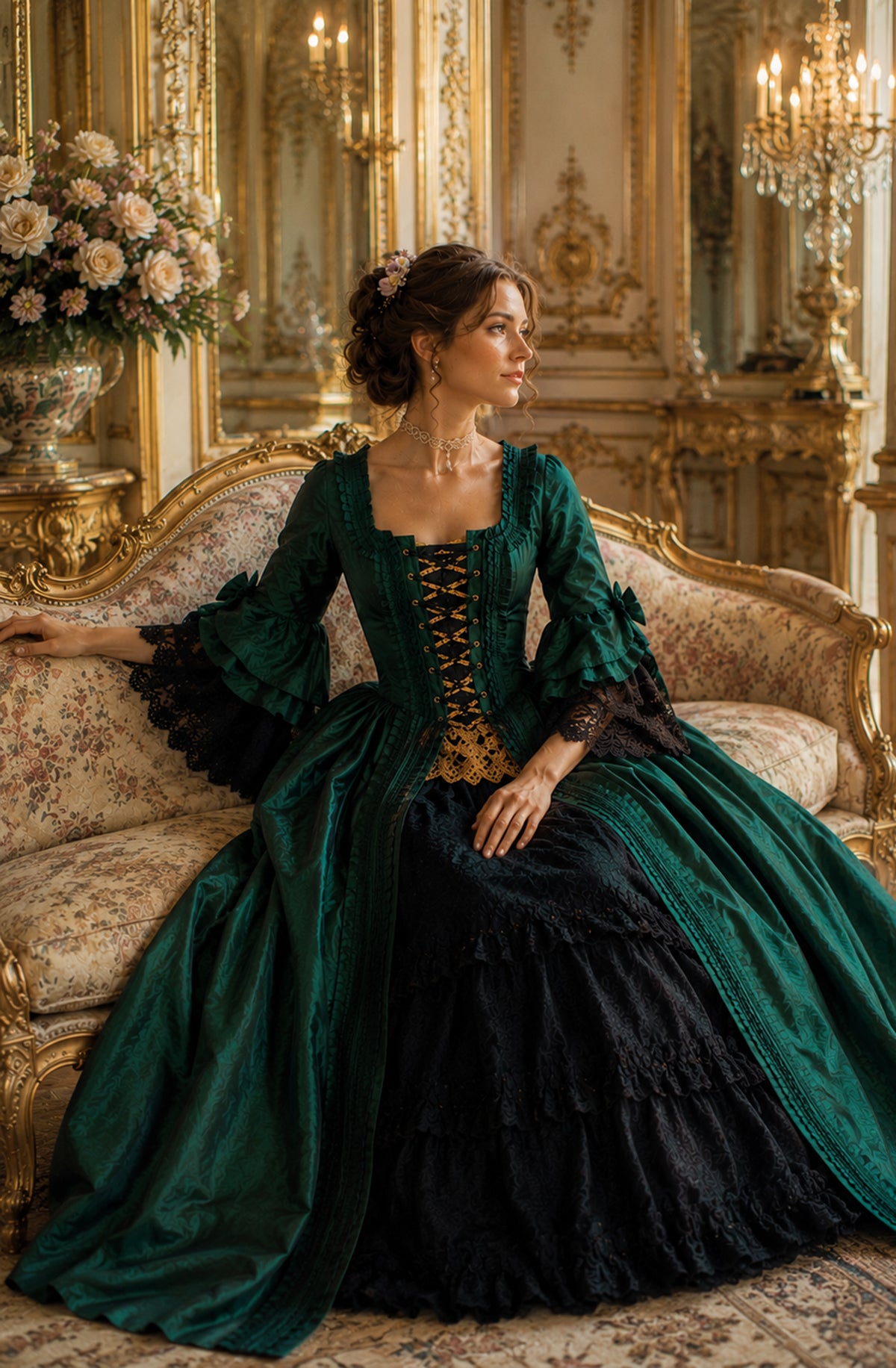 emerald green victorian dress Pompadour Gown — Marie Antoinette–Inspired 18th Century Corset Gown in Jeweled Duchess: (M/L) Corset Size 26-30 / Faux Silk Taffeta EU Size:41 reduced032126 The gown requires wearing SHEIN Lady Four Season