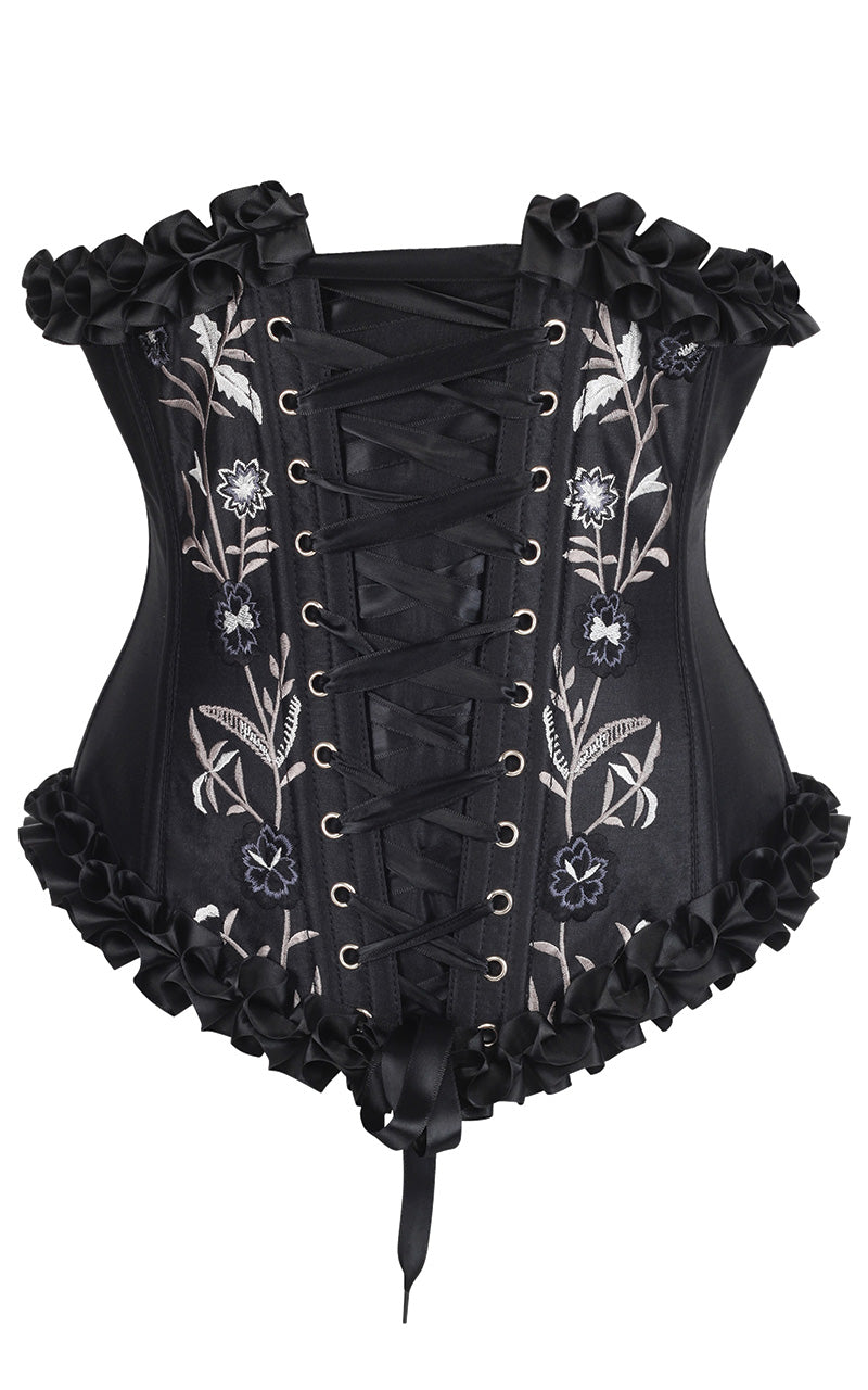 An embroidered underbust corset in black with front and back lacing, modesty panels, and floral embroidery on the sides.