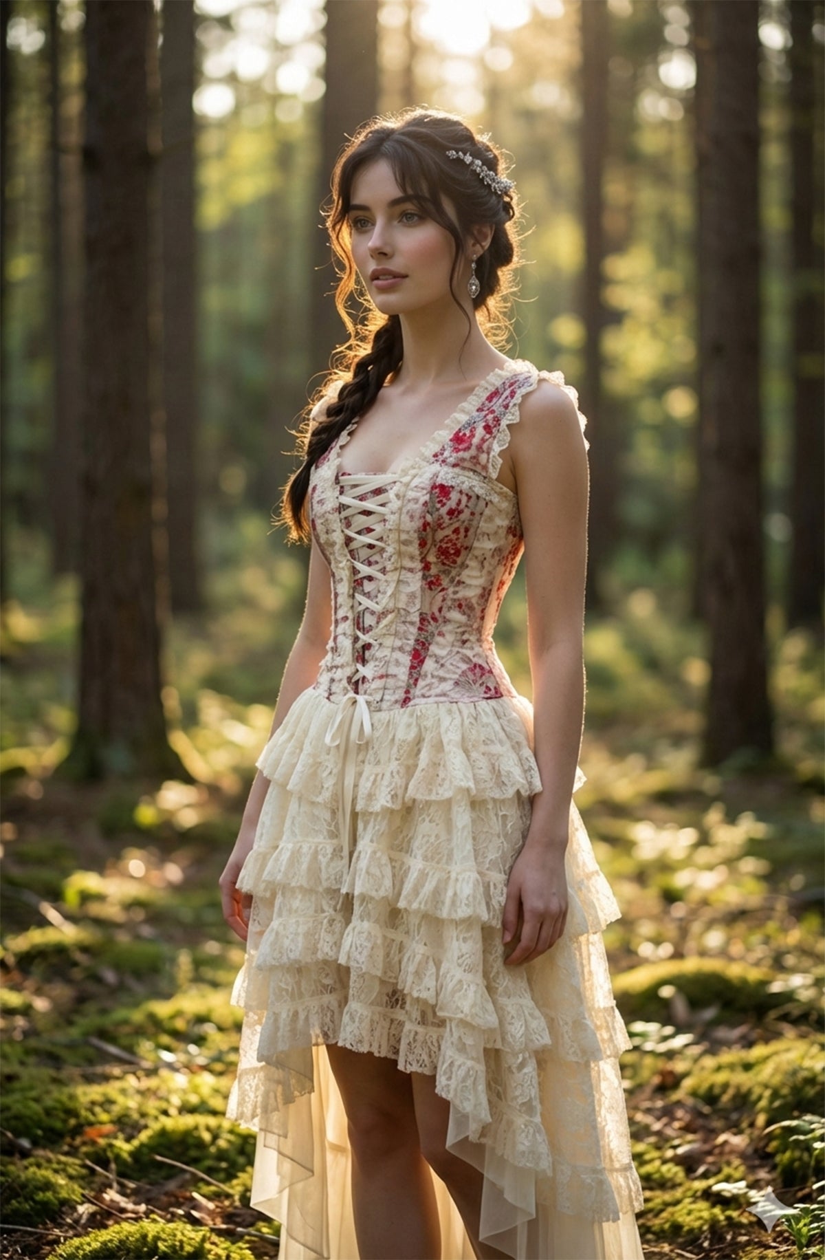 Woman in a floral dress standing in a forest with sunlight filtering through the trees.