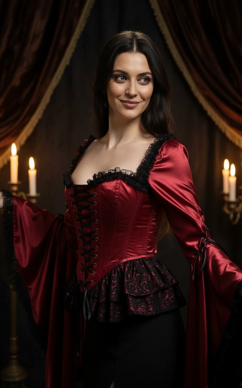 Reign Corset – Blood Red Satin Lace-Up Corset with Black Lace Peplum | Madame Mortelle Collection - Immortelle Bijouterie