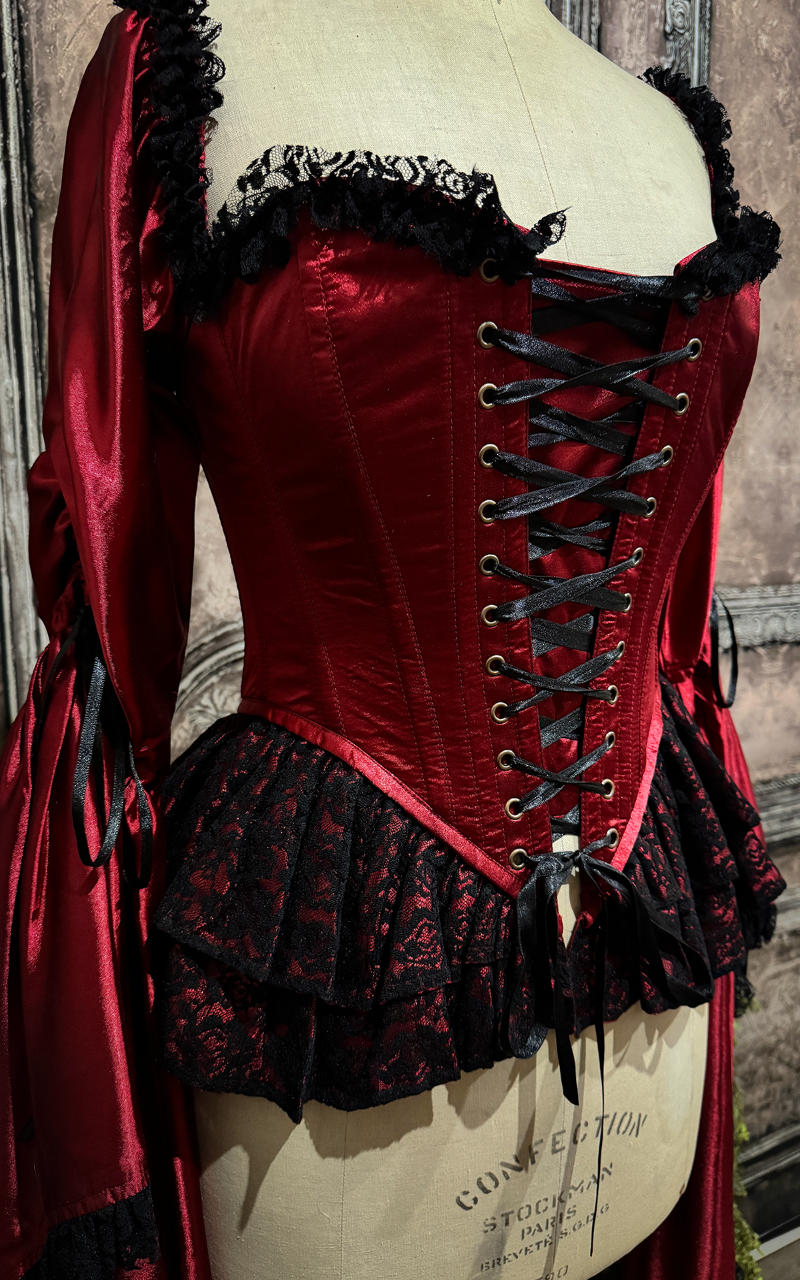 Reign Corset – Blood Red Satin Lace-Up Corset with Black Lace Peplum | Madame Mortelle Collection - Immortelle Bijouterie