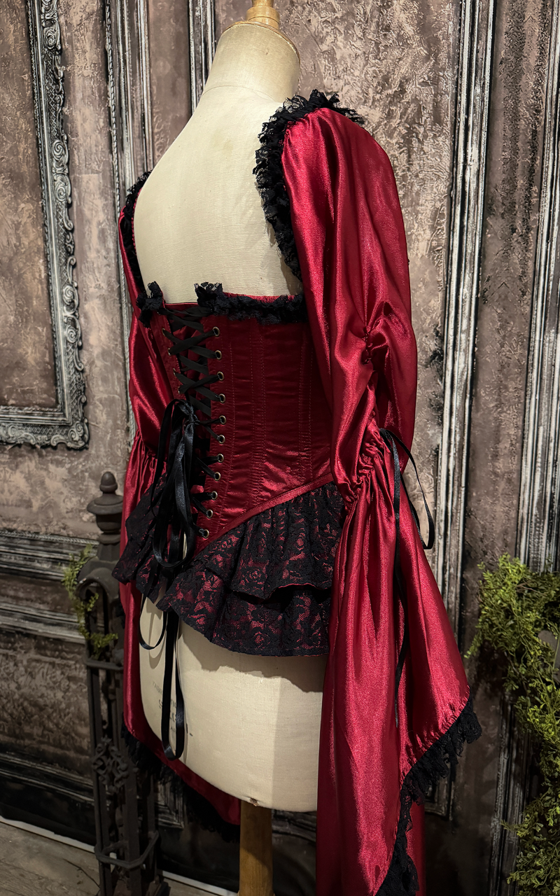Reign Corset – Blood Red Satin Lace-Up Corset with Black Lace Peplum | Madame Mortelle Collection - Immortelle Bijouterie