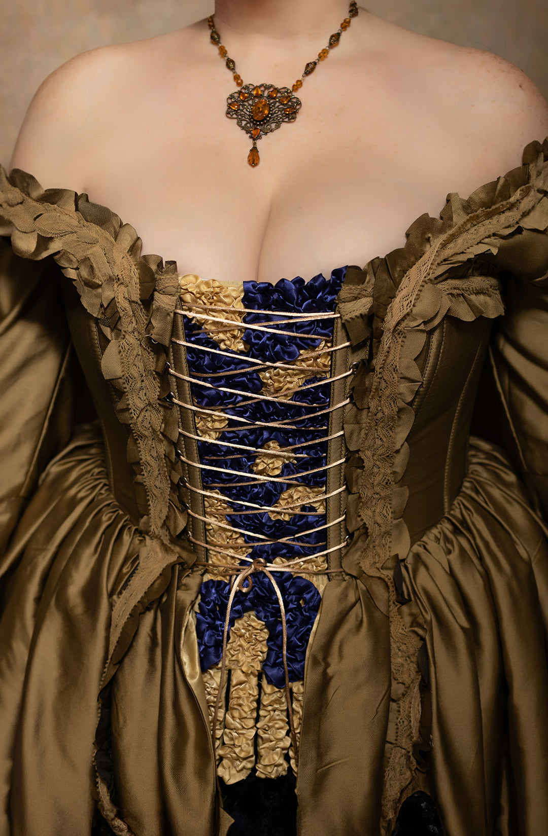 Corset Dress Stomacher - Ruffled Royal Sapphire and Gold